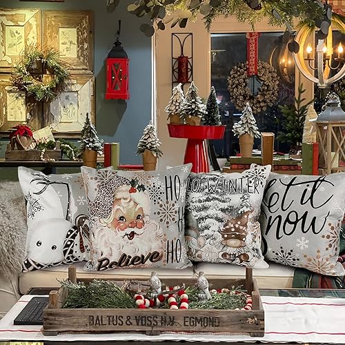 Miniatura 2 de APKPK Juego de 4 fundas de almohada de Navidad de 16 x 16 pulgadas, diseño de copos de nieve, gnomos de árbol de Navidad, rústico, para invierno,