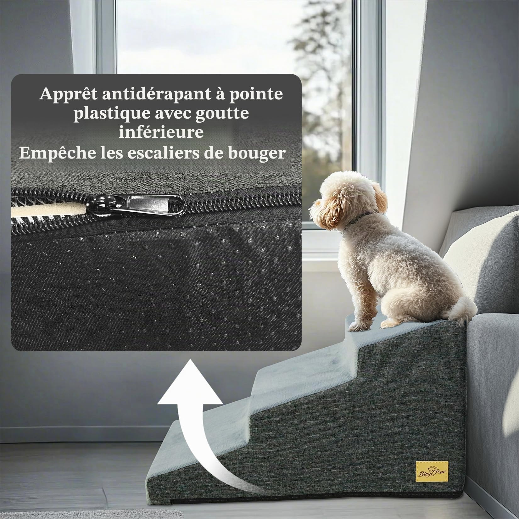 Escaliers pour Chiens à 3 Marches en Éponge Haute Densité, Rampe pour Chien et Chat Antidérapant avec Housse Amovible - Échelle Large pour Animaux de Compagnie Agés 39x65x39.5cm
