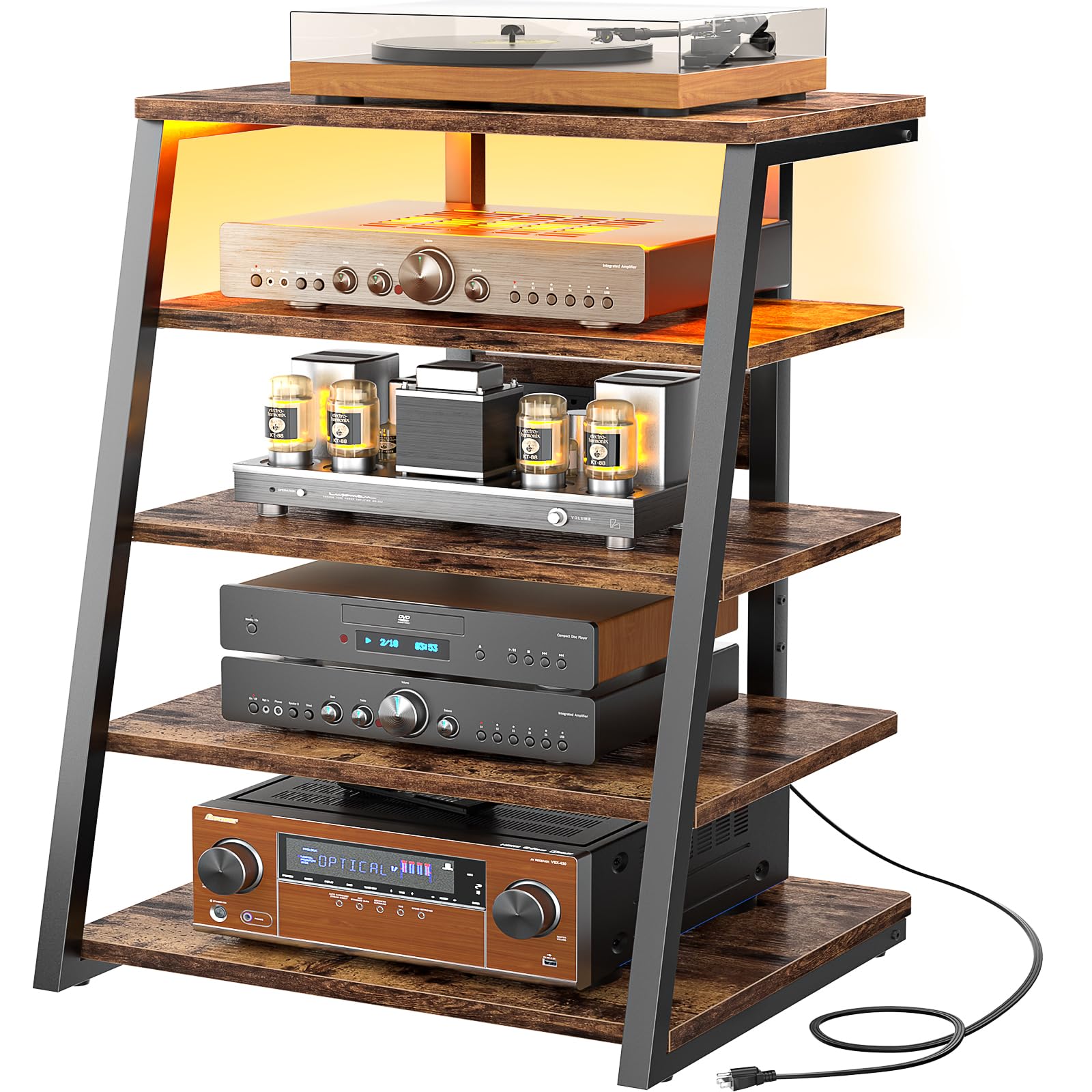 Armocity 5-Tier AV Media Stand with Power Strips, Media Console with LED Lights, Audio Tower Rack with Adjustable Shelves, Stereo Stands and Racks,