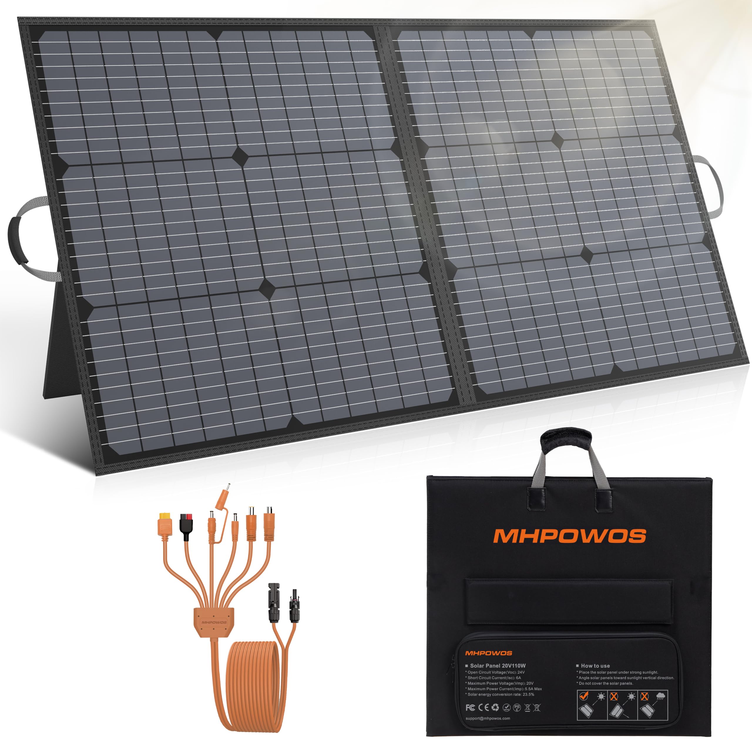 110W Portable Solar Panel, IP67 Waterproof Foldable 110 Watt Solar Charger, High 23.5% Efficiency for Outdoor Camping, Portable Power Station, RV-picture-10