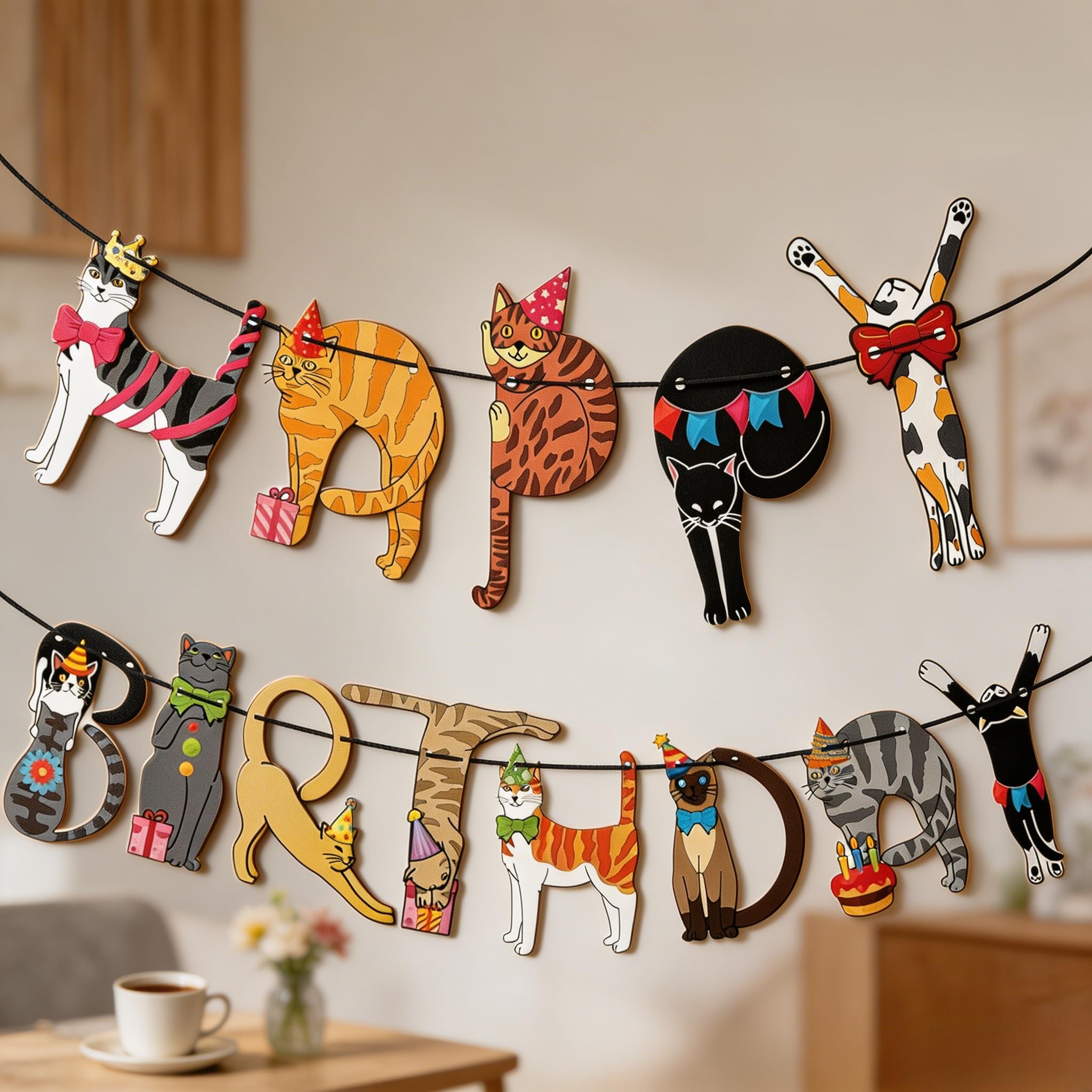 Cat Birthday Decorations, DIY Hanging Banner with “Happy Birthday” Letters, Cute Themed Party Supplies for Adult Home Celebration