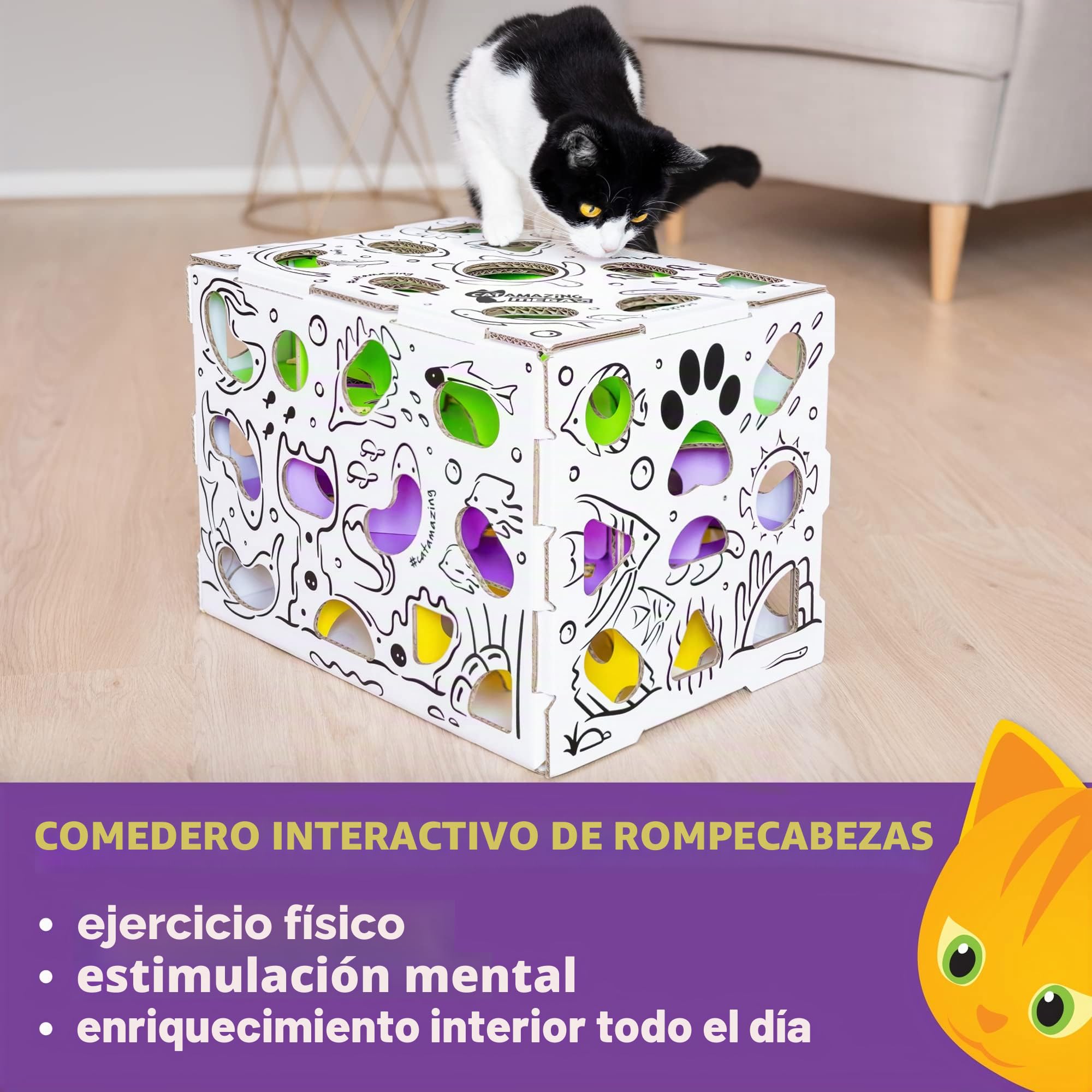 Cat Amazing Mega - Caja de Rompecabezas para Gatos - Laberinto Interactivo de golosinas - Comedero para Gatos - Caja de golosinas para Gatos de Interior - Juguete de enriquecimiento de Alimentos - El