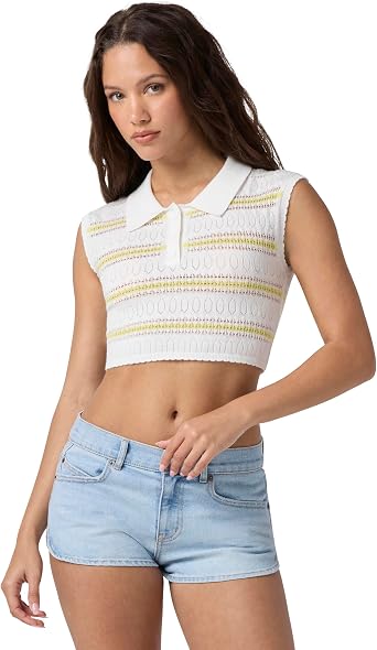 florence by mills Womens Sunset Pier Pointelle Cropped Polo Top