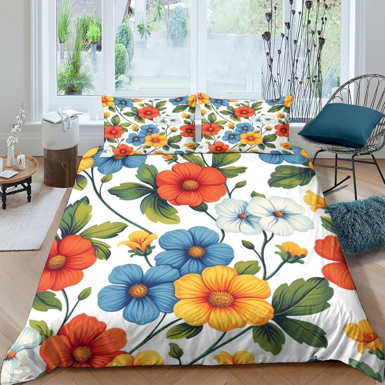 Housse de couette fleurs pour grand lit anti-plis et facile à laver