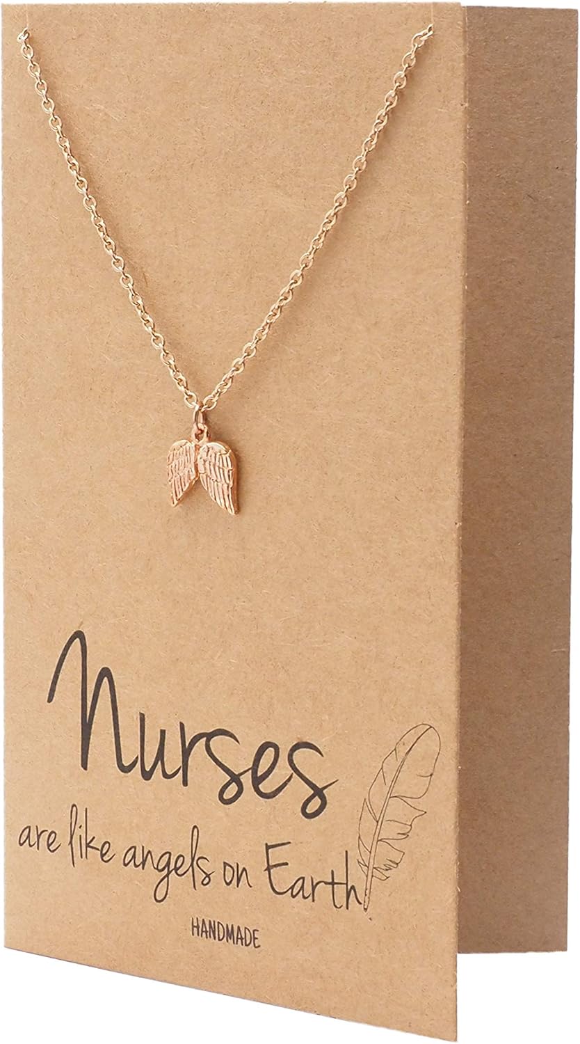 quan jewelry Nurse Gifts for Women Angel Wings Pendant Necklace, ideal Graduation Gifts for Her with Greeting Card, Rose Gold-Tone