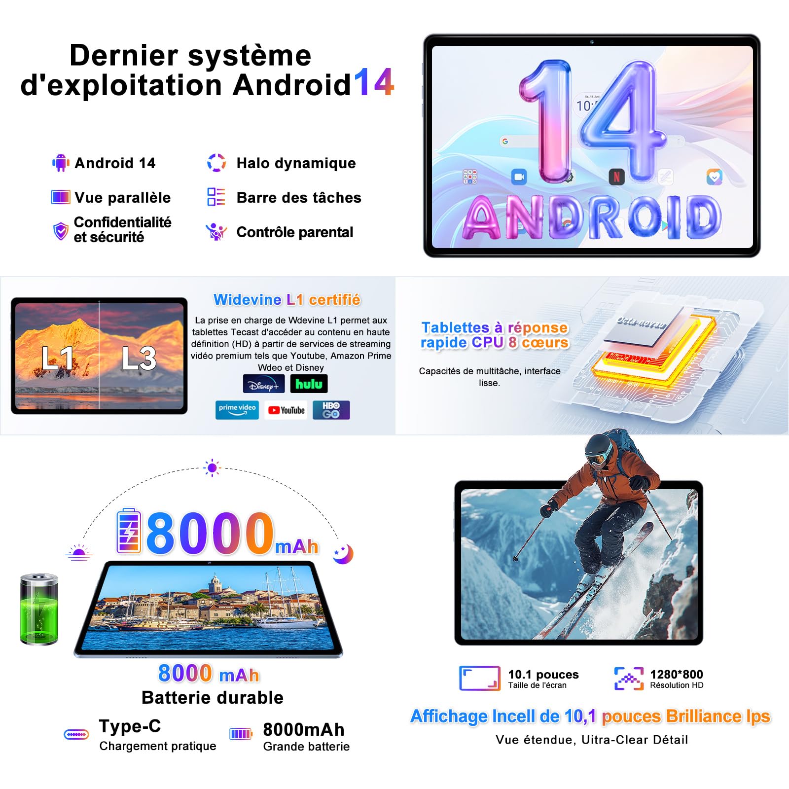 Android Tablette 10 Pouces, 22Go+128Go,Clavier Souris Coque Inclus,Gris