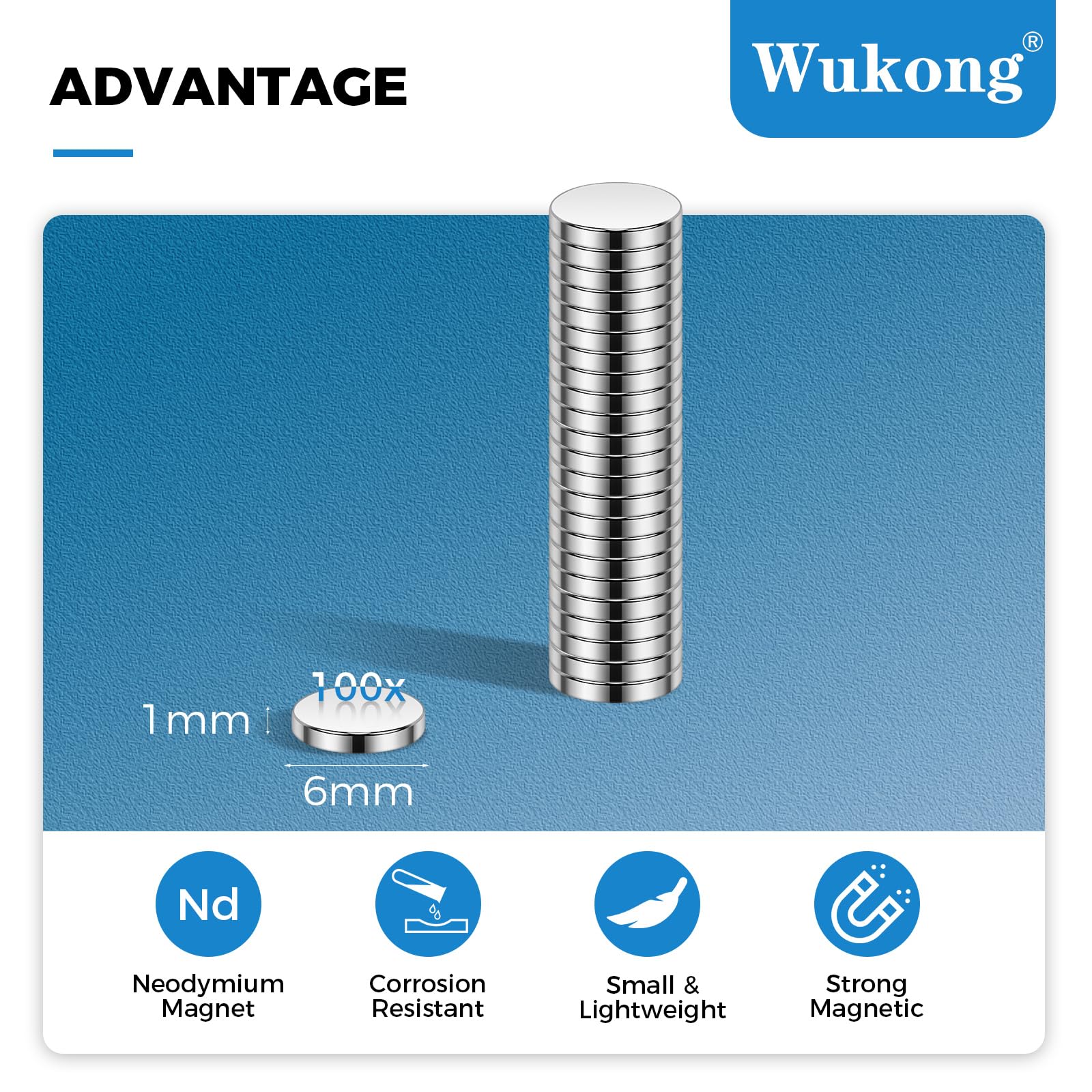 Wukong Małe magnesy 6 x 1 mm, mini magnesy neodymowe, 100 sztuk, na lodówkę, drukarkę 3D, do modeli i projektów typu „zrób to sam"