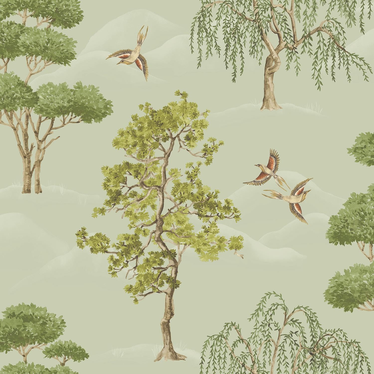 Yöl Sage Green Maya Willow Woodland Trees Birds Wallpaper - Naturistic Floral - Modern Contemporary Feature Wall