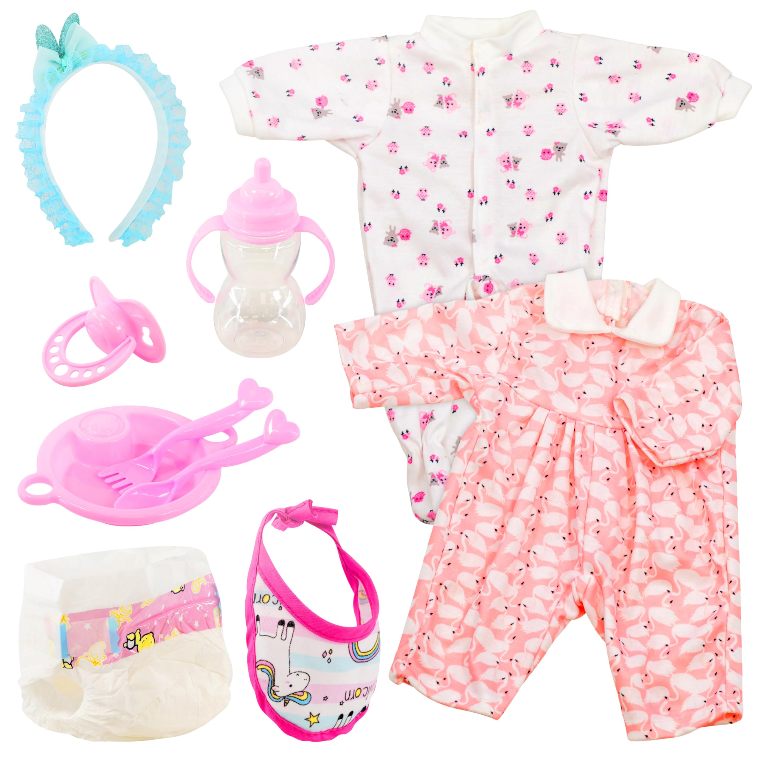 Bibi Doll 10 Piece Baby Doll Clothes & Feeding Set - 2 Outfits for 16 to 18" Dolls, Plate, Utensils, Nappy, Bottle, Dummy - Baby Accessories & Role Play Toy for Girls & Boys, Ages 3 Years+