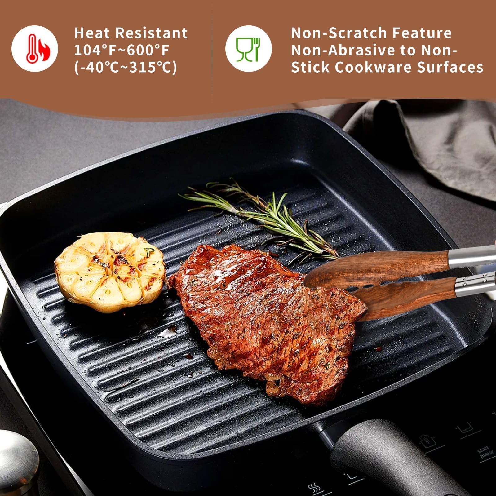 Set di 2 pinze da cucina in legno, resistenti al calore, con impugnatura antiscivolo, utensili per grigliare e servire, in legno di noce naturale con chiusura a scatto, per barbecue e insalate