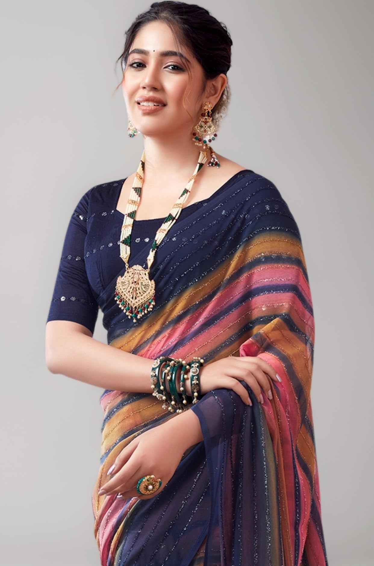 Women's Georgette Printed Zari Stripe Saree With Unstitched Blouse Piece