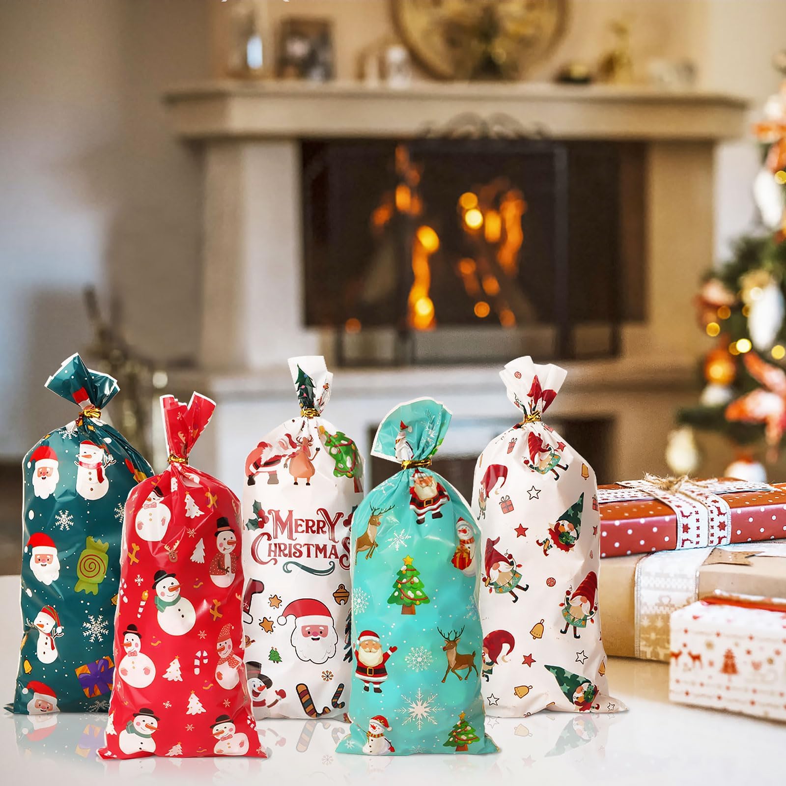 Esportic 100 Pz Sacchetto di Caramelle di Natale, Sacchetti Trasparenti in cellophane,Sacchetto in plastica Trasparente,Borsa di Regalo per Natale, Sacchetti di Biscotto, Sacchetto per Caramella (B