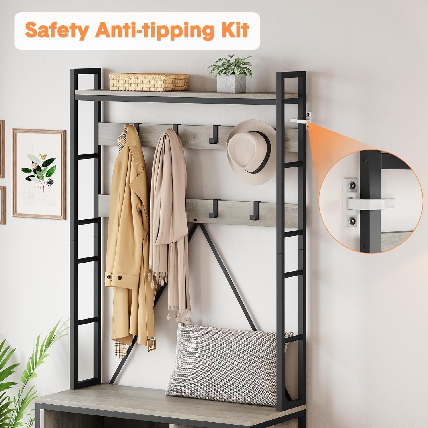 Industrial Hall Tree with Shoe Bench & Coat Rack - 8 Hooks, Storage Shelf & Hanging Bar for Entryway, Grey Wood Look Accent Furniture