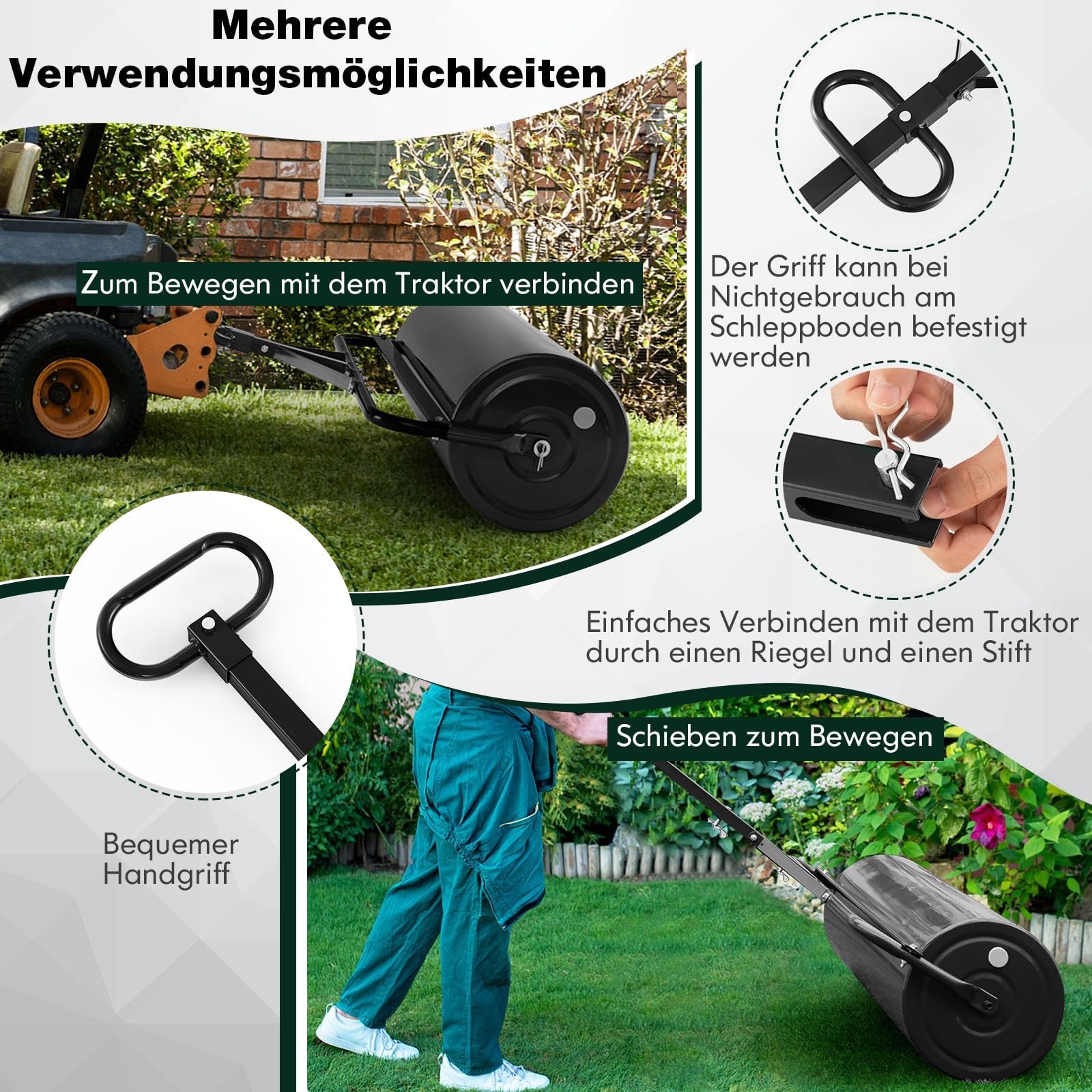 FANTASK Walec do trawnika metalowy, 113 l, wałek ręczny z uchwytem, wałek ogrodowy Ø 40 cm, napełniany wodą/piaskiem, bęben do dużych obciążeń, wałek do trawy (czarny)