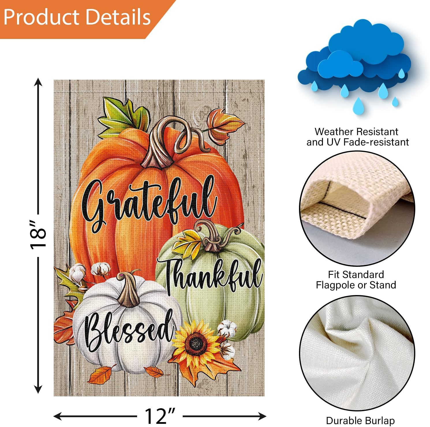 Louise Maelys Fall Garden Flag Grateful Thankful Blessed Pumpkin 12x18 Inch Double Sided Floral Sunflower Holiday Seasonal Autumn Welcome Small Burlap Yard Sign Outside Outdoor House Decoration - Image 4