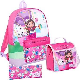 Gabby's Dollhouse Backpack + Lunch Bag + Pencil Case Girls 3 Piece Pandy Paws School Bag Set