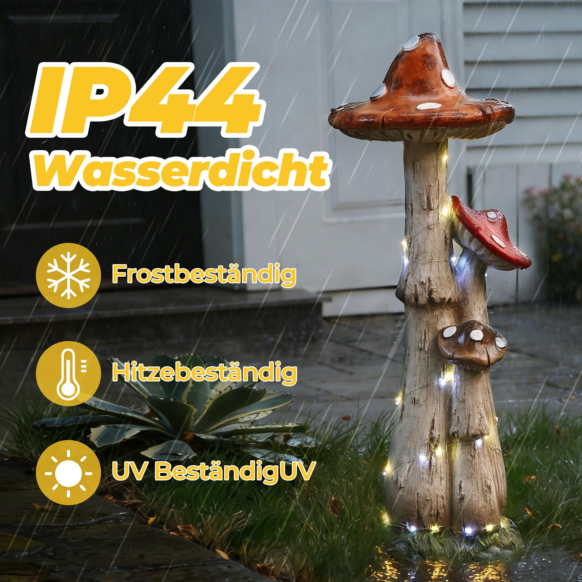 Hometopia 80cm Solar Gartenskulptur Pilz mit LED-Lichterkette – Wetterfeste Gartenfigur aus MGO – Große Pilz-Deko für Garten, Vorgarten & Terrasse Mama Oma