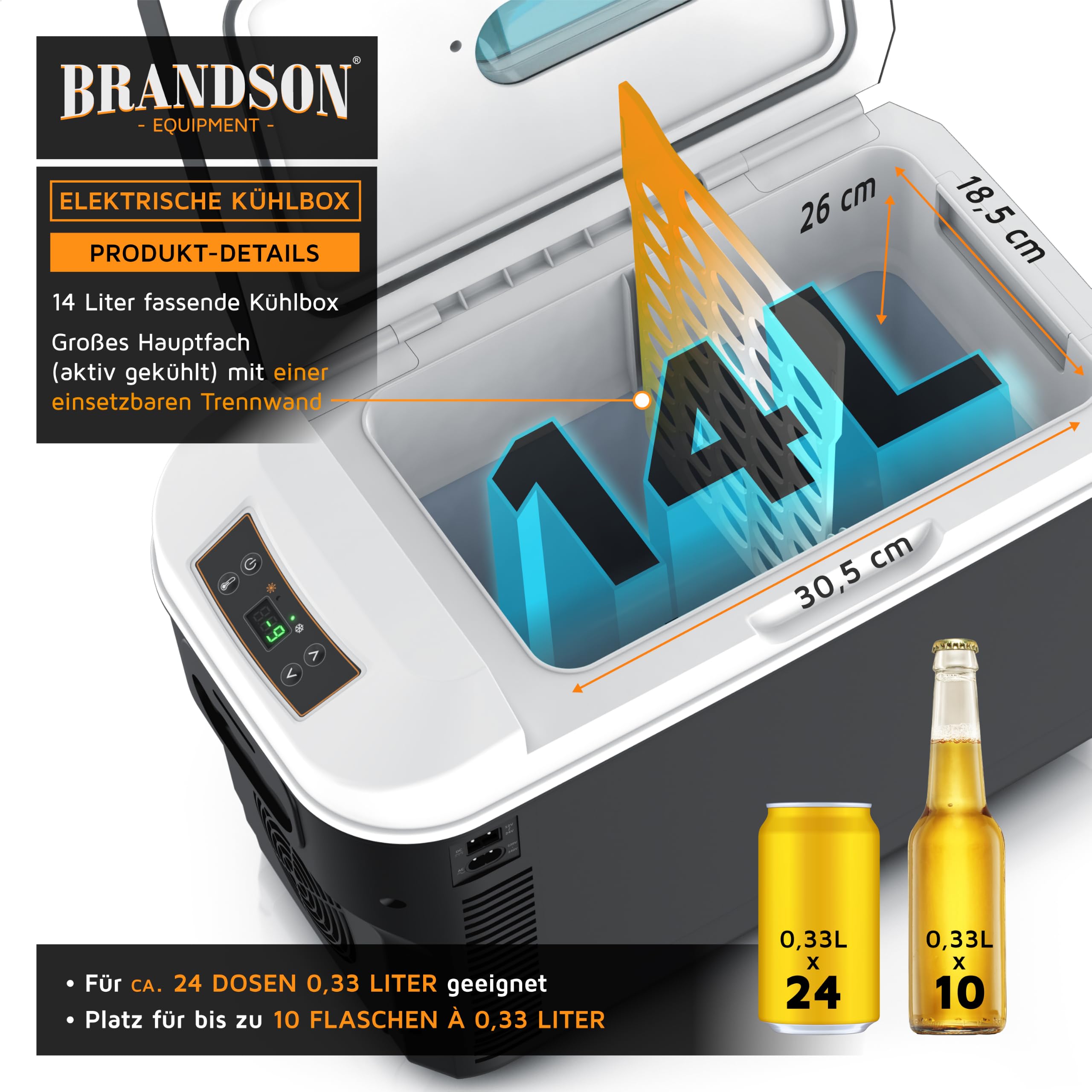 Brandson - Kühlbox elektrisch 14L – 230 V Netzspannung und 12 V KFZ Auto Bordspannung – kühlt und wärmt – Heizen max. 65°C – Herabkühlen ca 20°C unter der Umgebungstemperatur - Schwarz