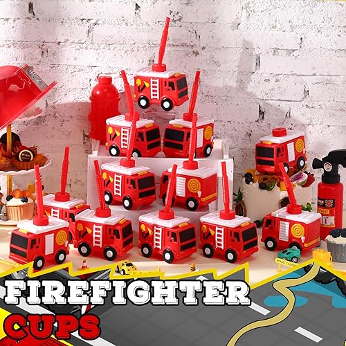 Miniatura 4 de 12 juegos de suministros de regalo de fiesta de bomberos, tazas de camión de bomberos con pajitas, taza de plástico con forma de camión de bomberos,