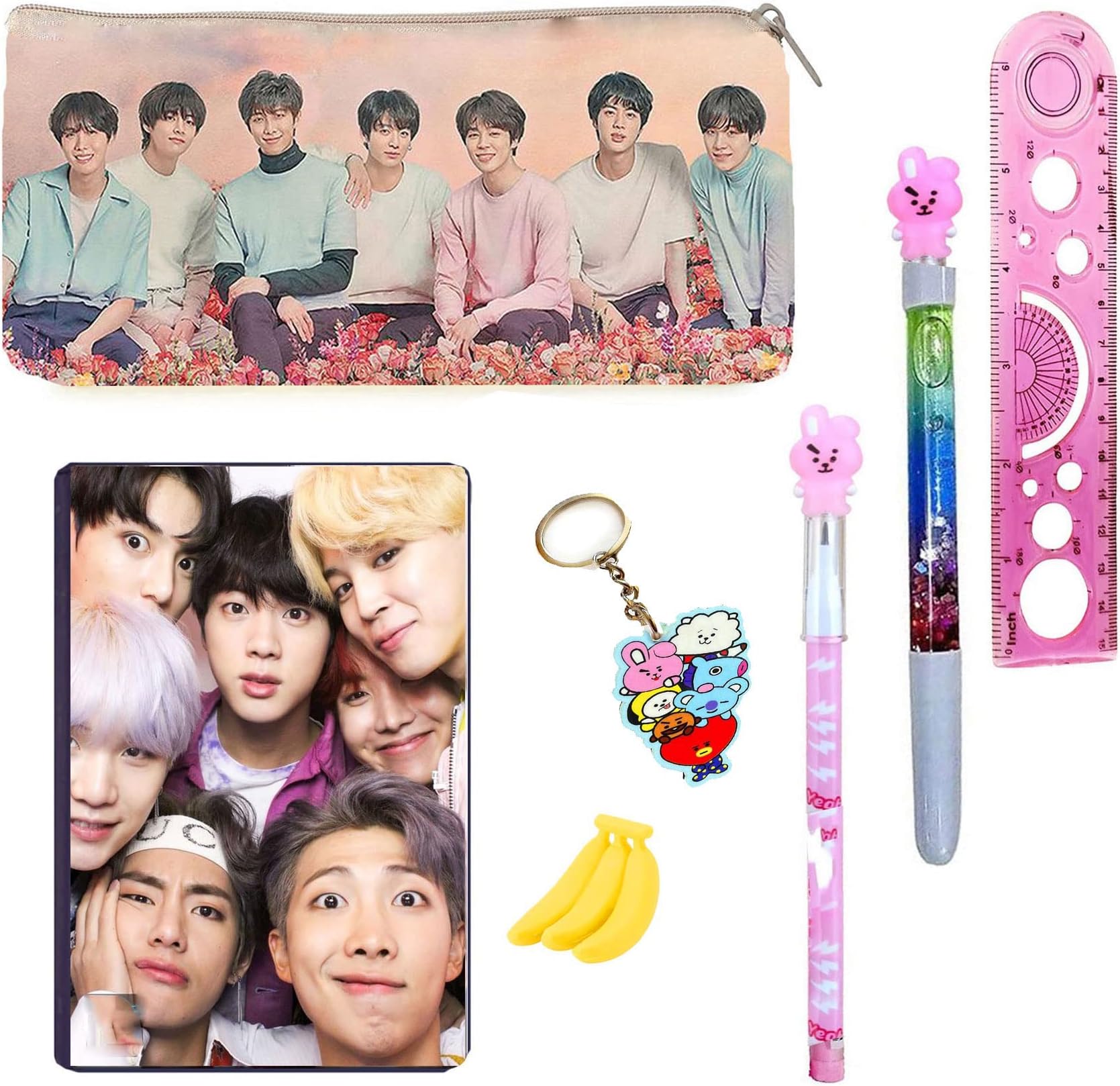 Neel® 7Ps BTS BT-21 Collection School Stationery Gift Set for Kids 1 BTS, A6 (80 Pages) Diary, 1 Pencil Case Pouch for Kids, 1 BT-21 Pen,1 Pencil, 1 Key Chain, 1 Ruler return gift (Flower, Pink)