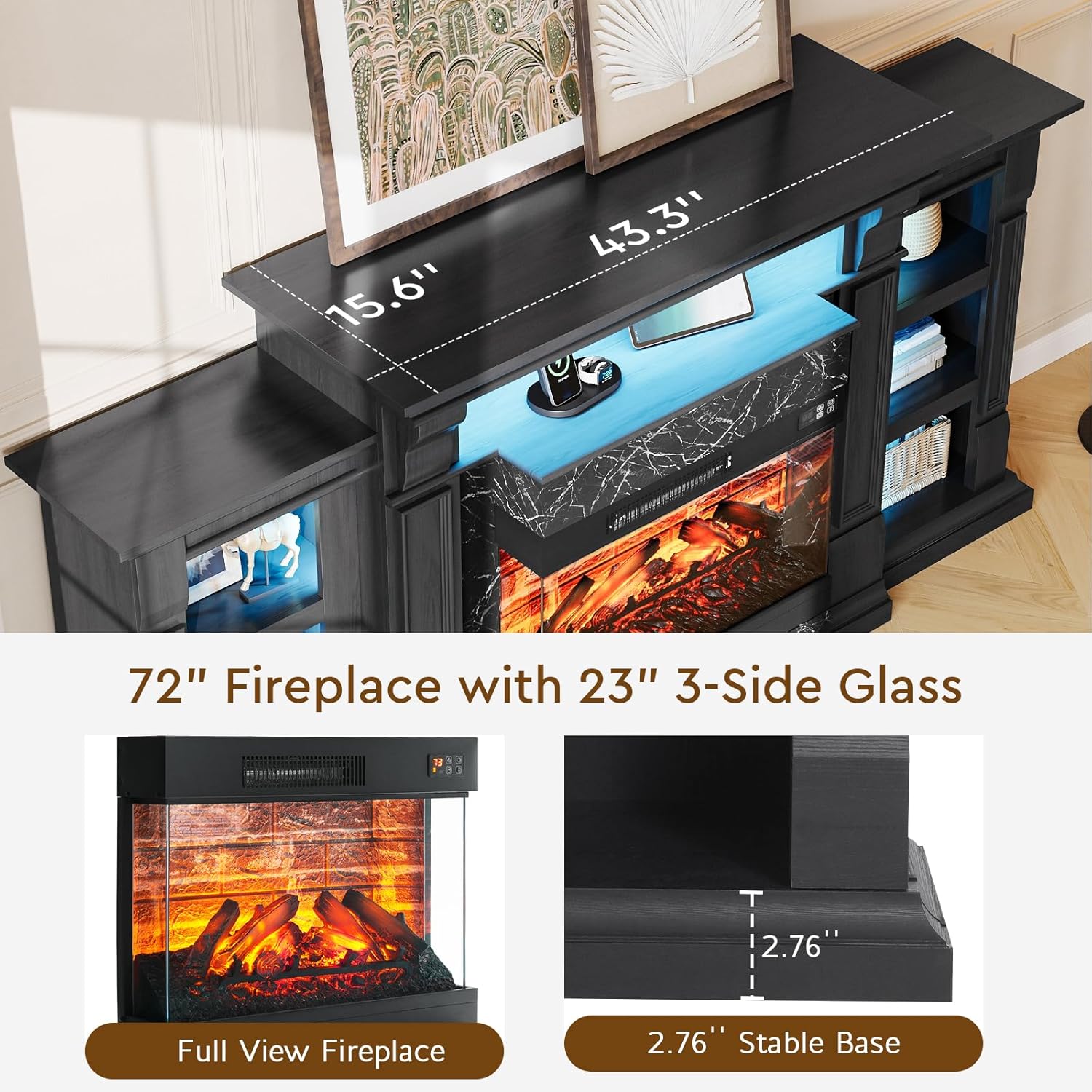 LGHM LED Electric Fireplace TV Stand with Outlet, 72'' Fireplace Mantel for TVs up to 80'', Modern Entertainment Center with 3-Sided Glass Fireplace Heater Insert for Living Room, Black