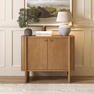 Nathan James Solace Mid Century Modern Cabinet, Storage Cabinet or Accent Cabinet with Doors with Solid Wood Legs and Adjustable Shelf, Light Brown