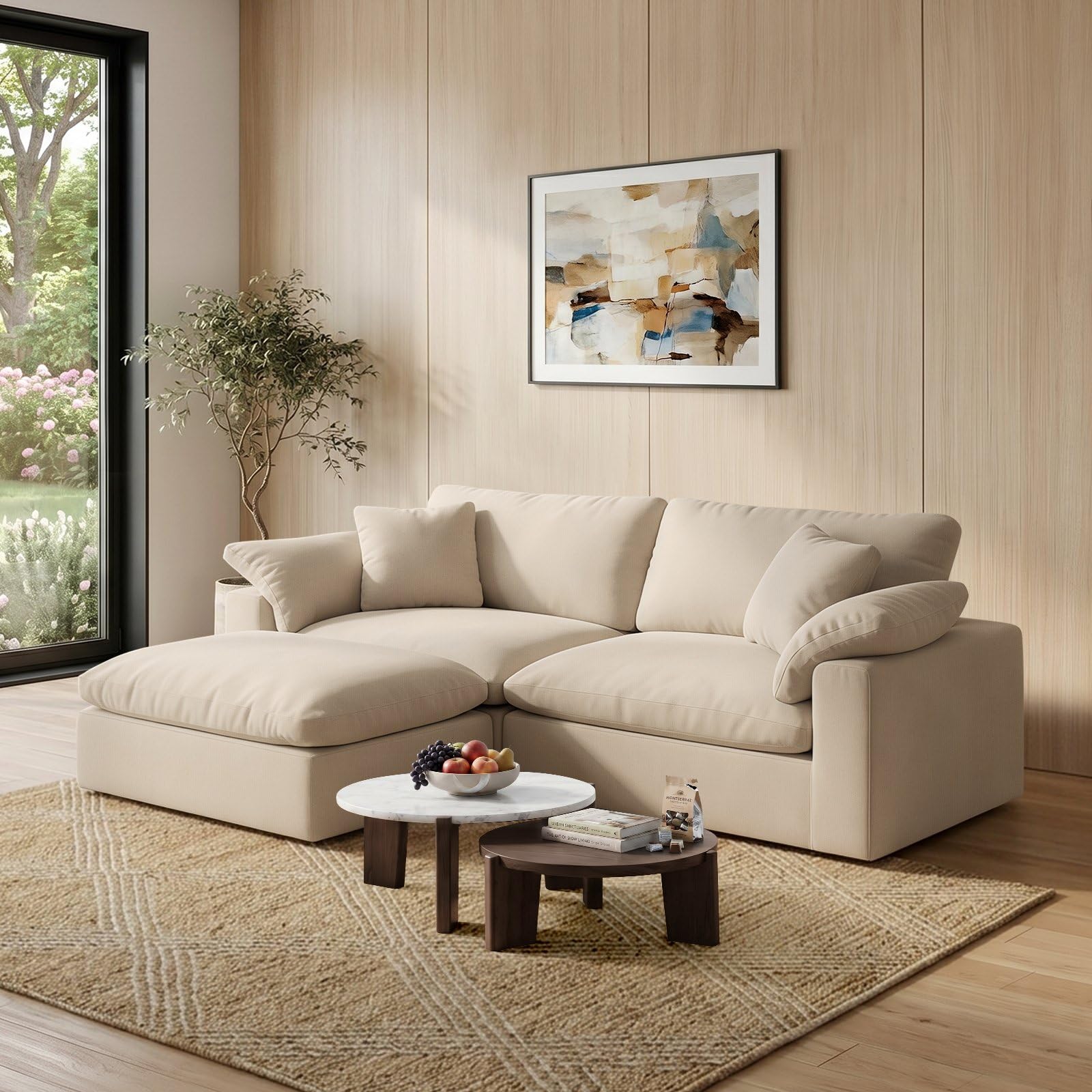 L-Shaped Modular Cloud Sectional Sofa,2-Seater with Chaise,Modern Down Filled Detachable Couch for Living Room,Office &amp; Small Apartment,Khaki