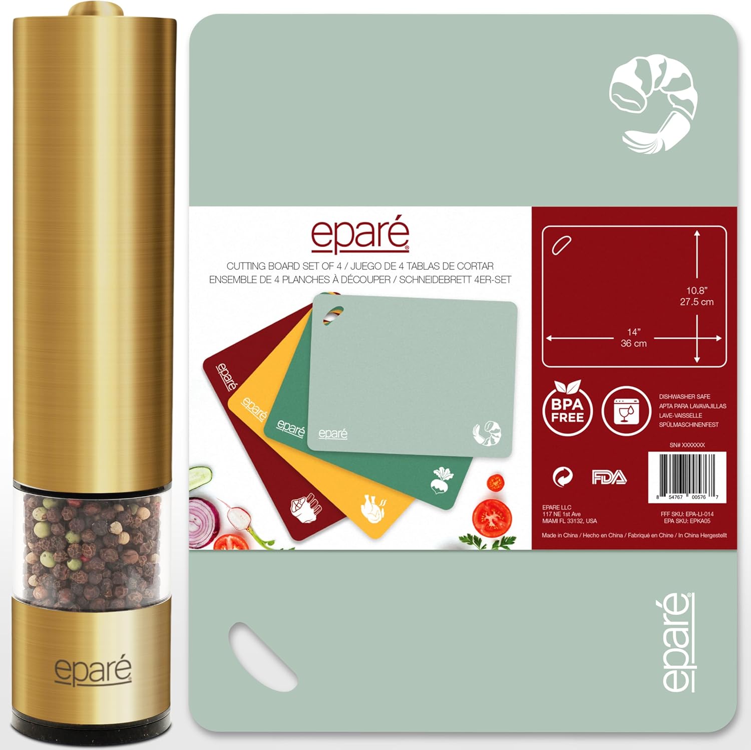 Eparé Bundle: Electric Salt or Pepper Grinder & Plastic Cutting Board Mat Set – Battery Operated Ceramic Burr Peppermill Shaker & Large Flexible Chopping Boards Non Slip Kitchen Mats Eparé Bundle: Electric Salt or Pepper Grinder & Plastic Cutting Board Mat Set – Battery Operated Ceramic Burr Peppermill Shaker & Large Flexible Chopping Boards Non Slip Kitchen Mats
