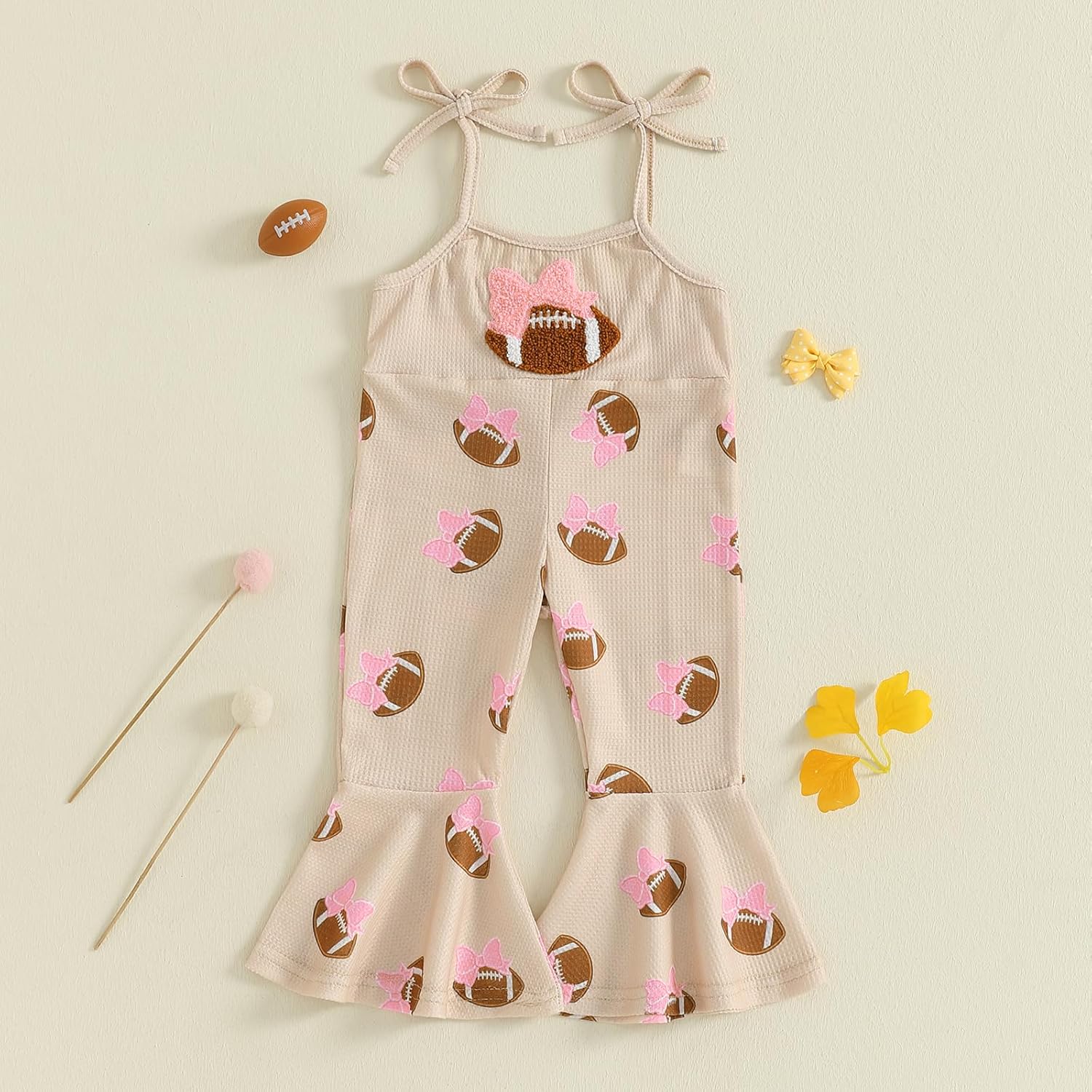 Toddler Baby Girl Football Outfit Bell Bottom Jumpsuit Bow Rugby Embroidery Romper Spaghetti Strap Overalls Cute Clothes - Image 3