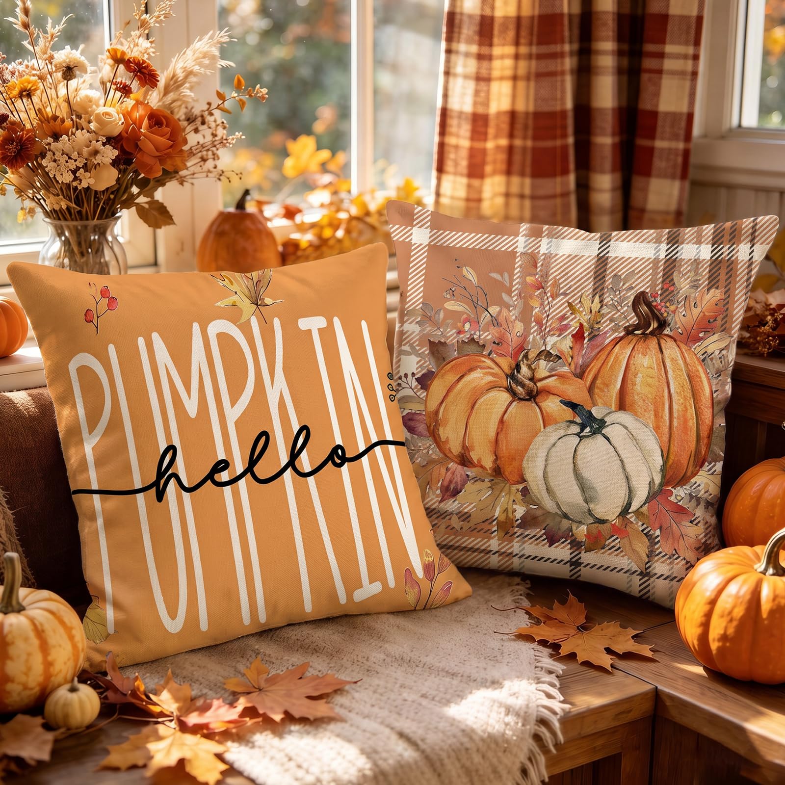 AwzyGous Autumn Pumpkin Orange Maple Leaf Pumpkin Checkered Cushion Cover 45 x 45 cm Sofa Cushions for Armchair Bedroom Halloween Thanksgiving Pack of 2