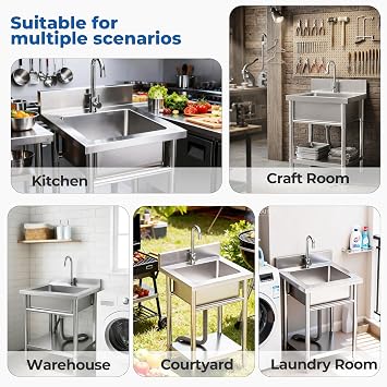 20 Stainless Steel Utility Sink, Freestanding Single Bowl Garage Sink