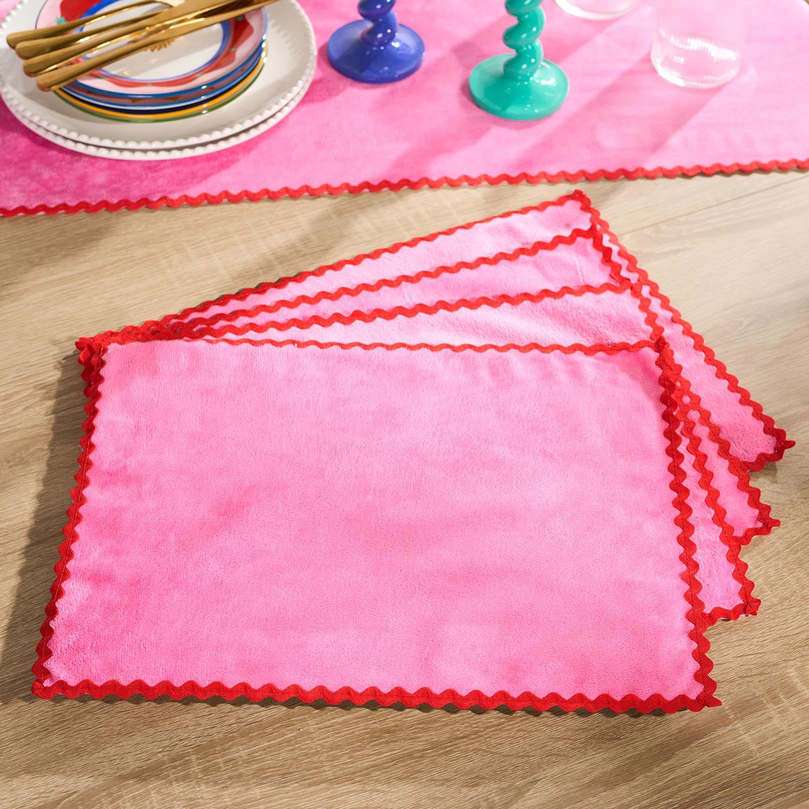 OHS Scallop Edge Matte Velvet Placemat Set - Bright Pink - 40 cm x 30 cm