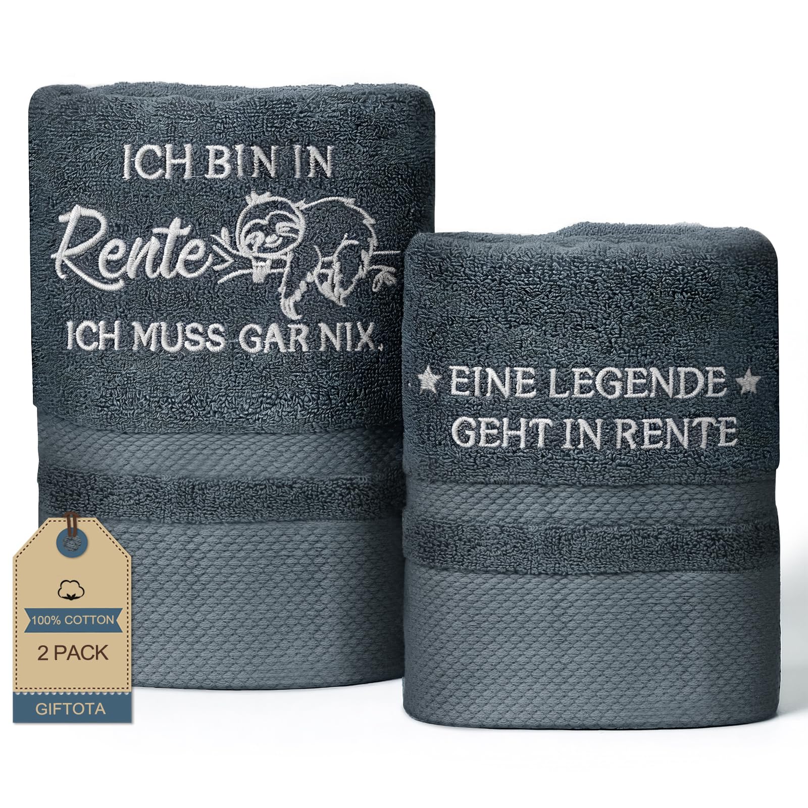 Giftota Rentner Geschenk Mann - 2 teilig Handtuch Set 100% Baumwolle Bestickt Handtücher Grau, Renteneintritt Geschenk Männer - Badehandtuch 50 x 100 cm + Handtuch 35 x 75 cm