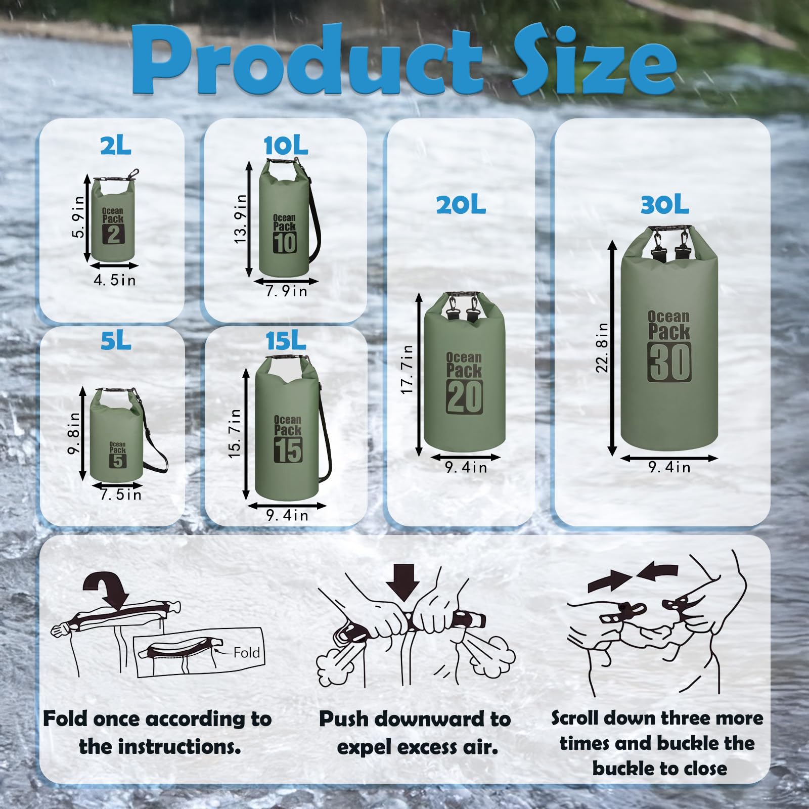 15L Sac étanche Polyvalent Vert Sauge, Waterproof Dry Bag avec Bandoulière Réglable pour Bateau Kayak Camping