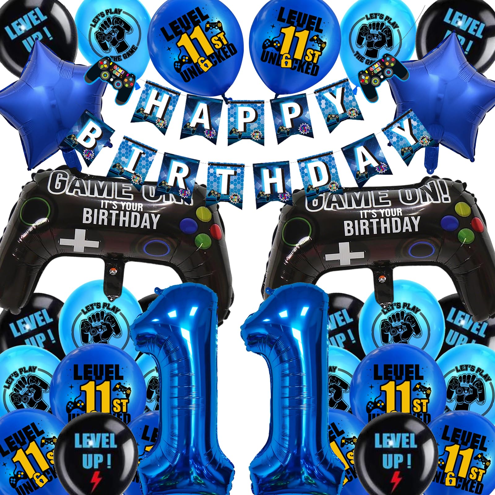 Gaming Birthday Decorations for Boys - Red Happy 11th Birthday Banner Decoration Set with Controller & Star Foil Balloons, Video Game Theme Party Supplies
