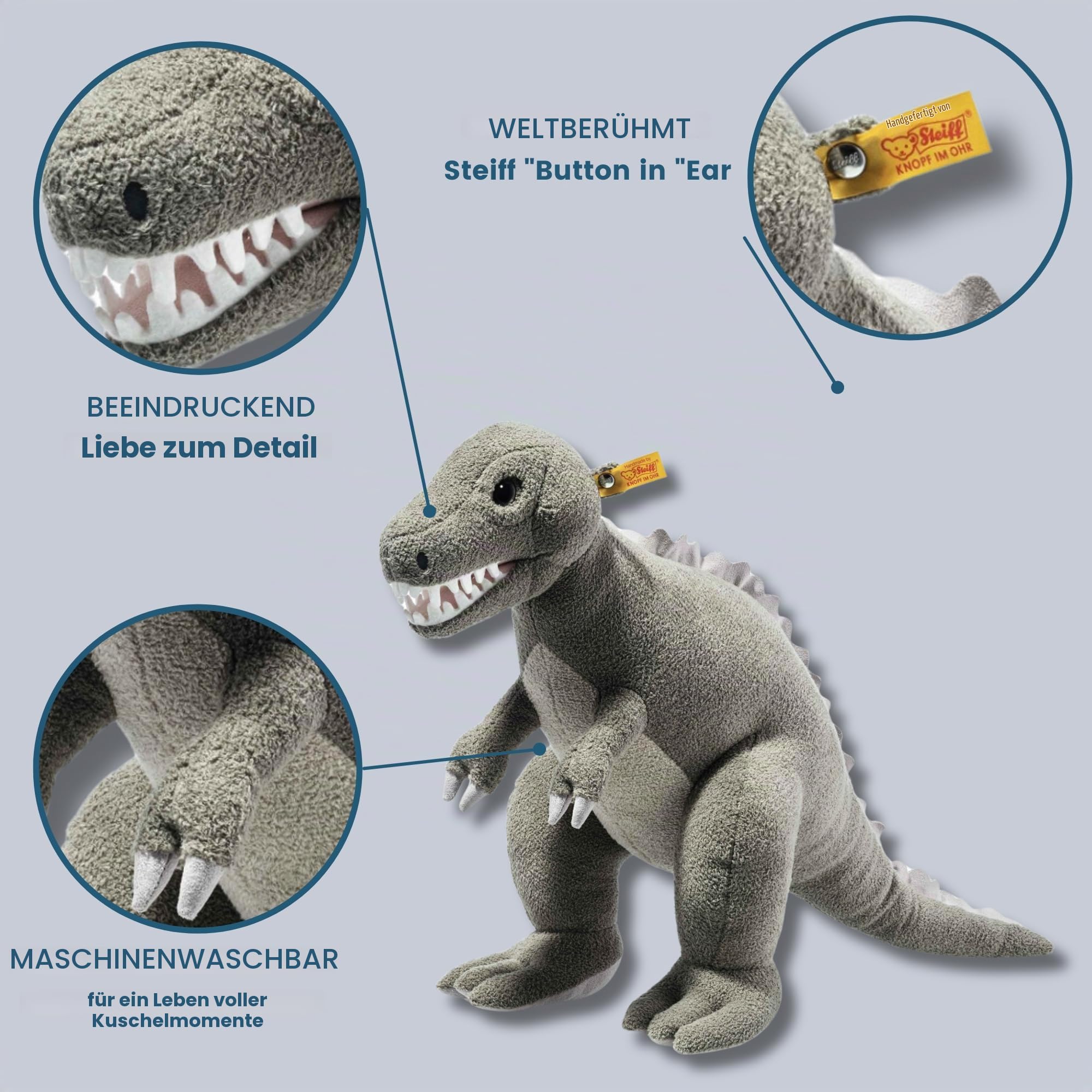 Steiff Kuscheltier Thaisen T-Rex, Süßes Stofftier, Kinder, Jungen & Mädchen, Friends, Plüschtier 45 cm, Hellgrau, 067136