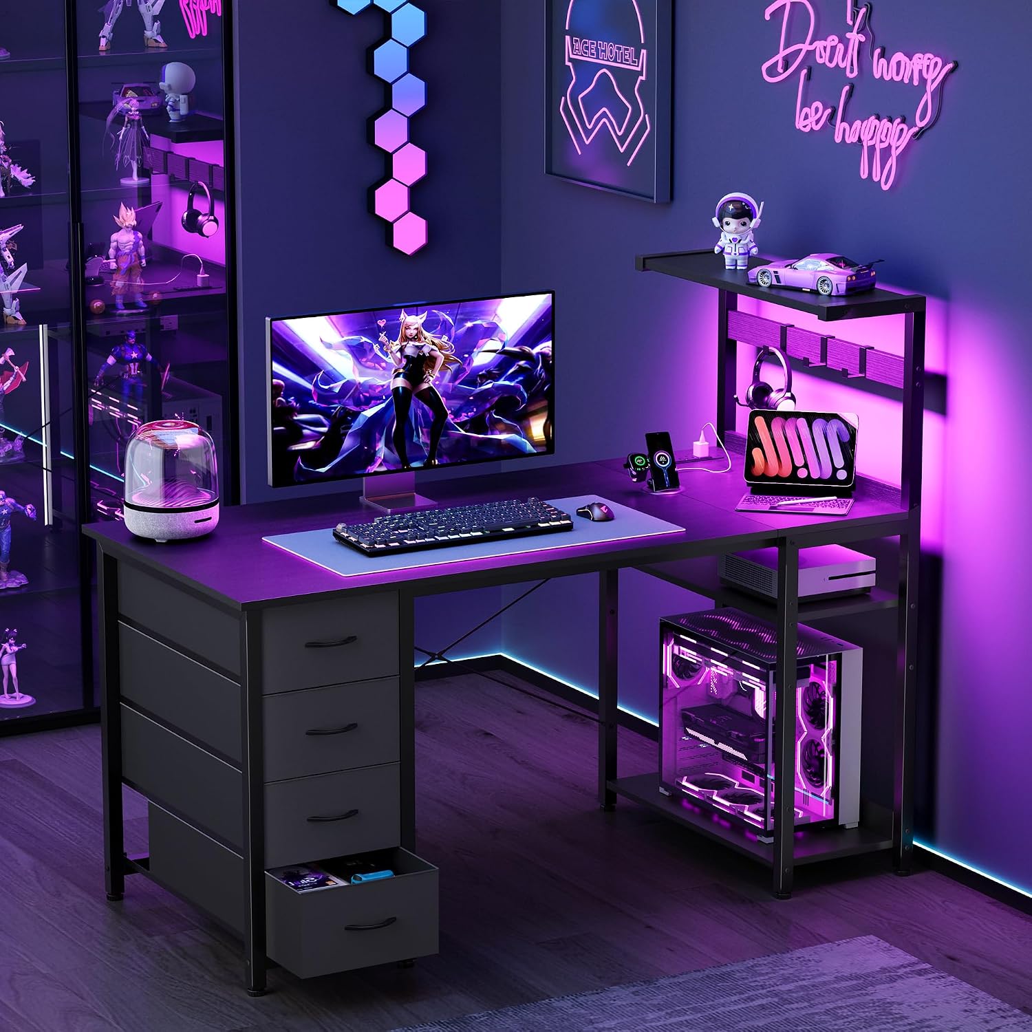 Apicizon 47 Inch Gaming Desk with LED Light & Power Outlet, Reversible Computer Desk with 4 Fabric Drawers & Iron Hook, Gamer Table with Monitor Stand for Home Office, Black