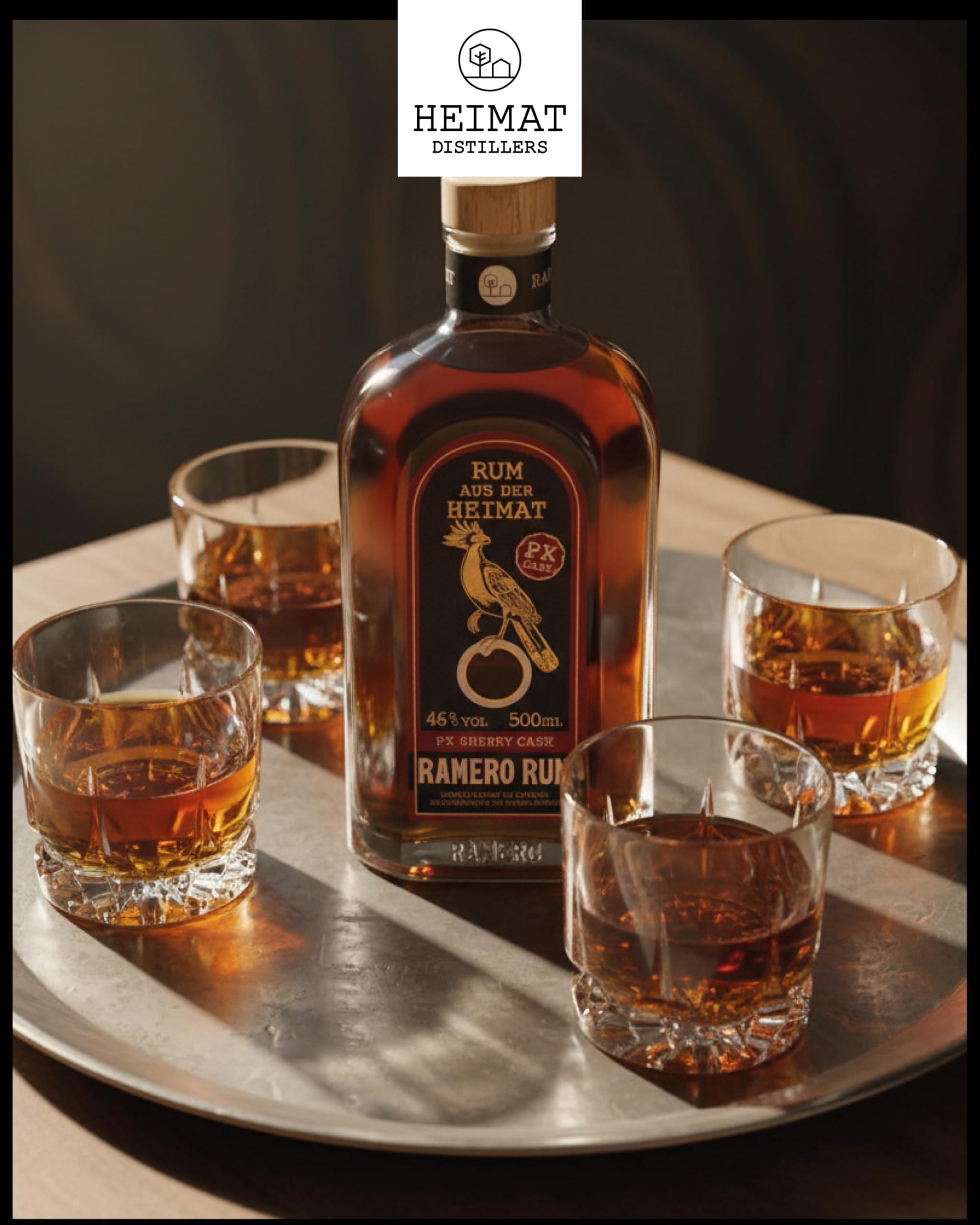 RAMERO PX Sherry Cask Rum 46% vol – Premium Rum aus Deutschland | weich & komplex mit Noten von Rosinen, Karamell & Schokolade | gereift in Pedro Ximénez Sherryfässern | 500 ml