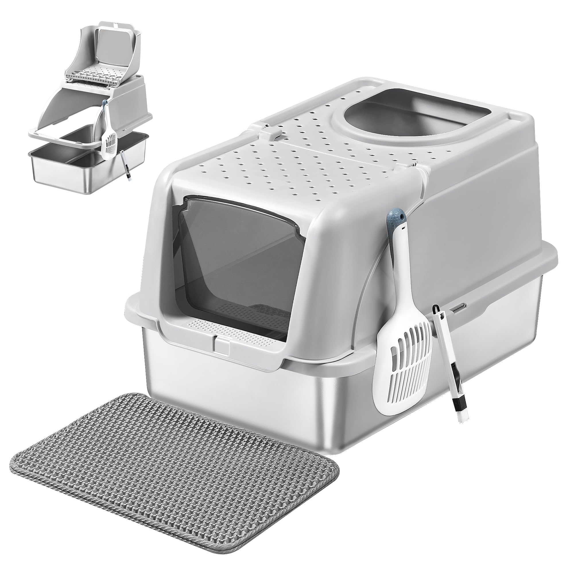 Feandrea Stainless Steel Cat Litter Box with Flip Lid, XL Litter Box with Leak-Proof Design, Scoop, Brush, Dual Entry, for Cats up to 15 kg, Light Grey PPT005G201