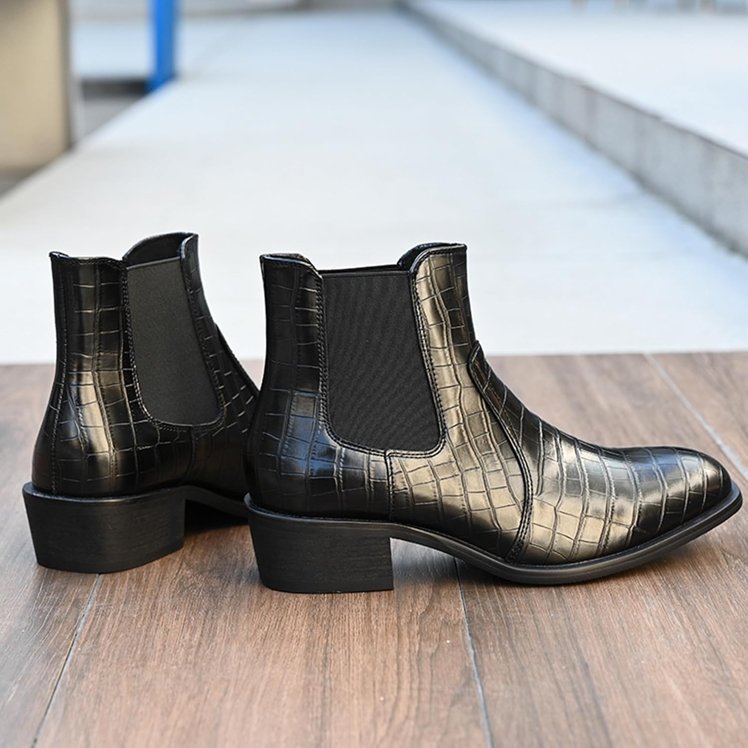 Jousen Chelsea Boots Men Slip on Faux Crocodile Textured Leather Western Cowboy Boots for Men Retro Fashion Mens Boot