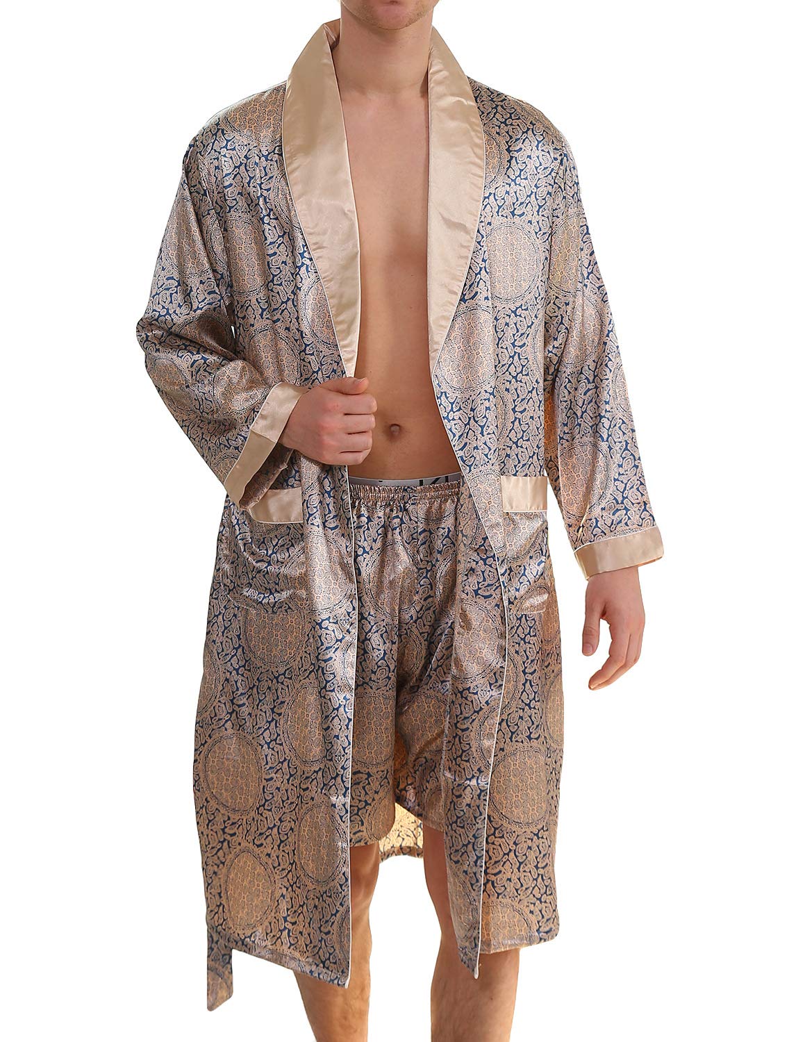 Haseil Conjunto de bata tipo kimono de lujo para hombre, con pantalones cortos, de satén de seda, ligera, de manga larga, Azul, XX-Large