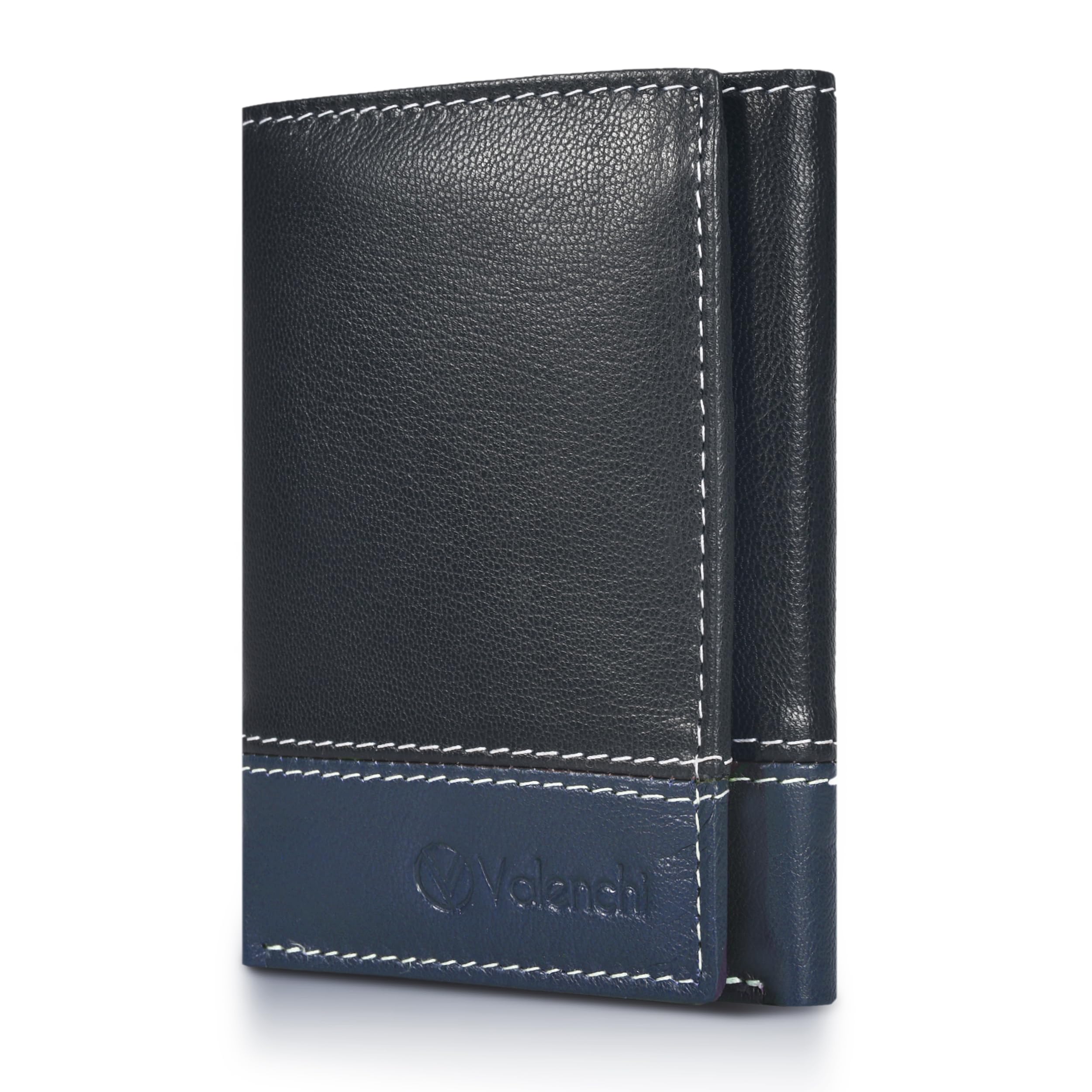 VALENCHI Genuine Leather RFID Blocking Slim Trifold Wallet, 6 Cards+1 ID Window, 2 Note Compartments, Blk/Blue Nappa, Male