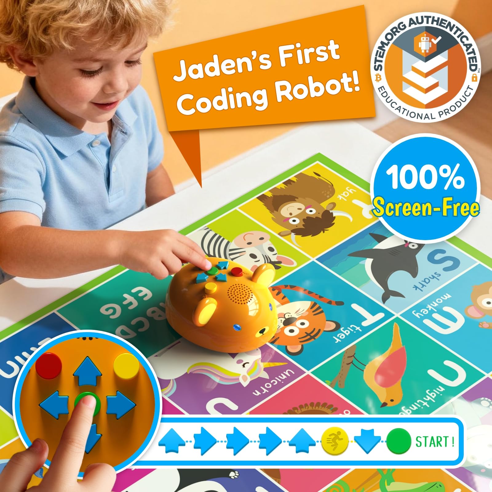 Apitor Robot Bear, Programmierroboter für Kinder ab 3 Jahre, Bildschirmfreies Erstes Coding-Spielzeug mit 7 Tasten, Lernroboter mit interaktiven Lichtern/Sounds, STEM Geschenk für Jungen & Mädchen
