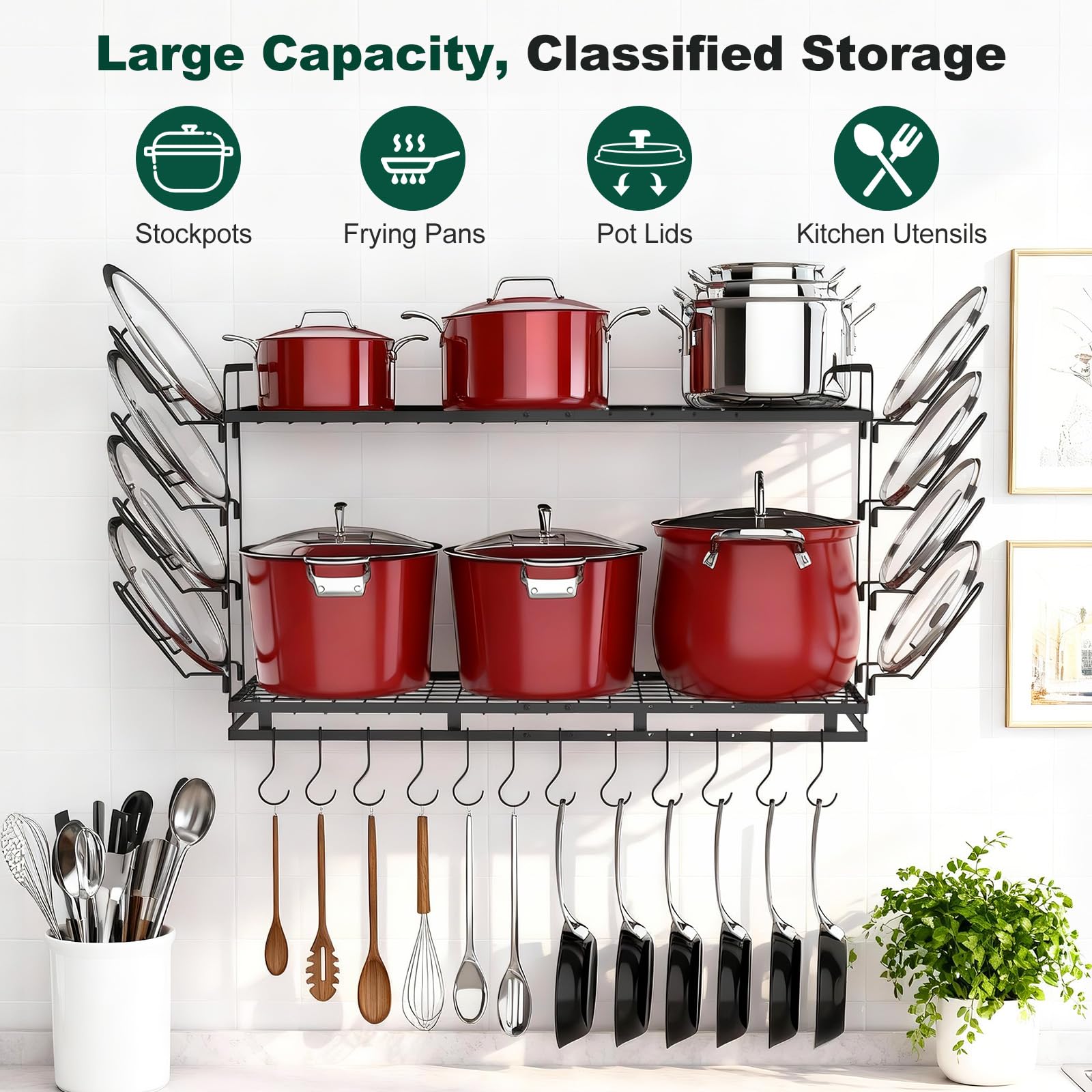 Housolution Rangement Casserole Mural, Longueur Extensible de 57 à 77 cm, Hauteur Réglable sur 3 Niveaux, Robuste Range Poele Porte Couvercle avec 12 Crochets Verticaux et 8 Porte-Couvercles