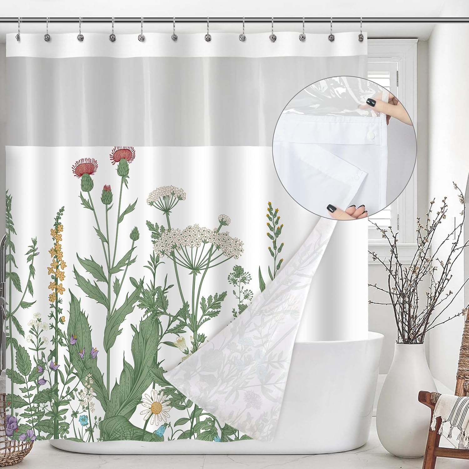 Green Floral Shower Curtain with Snapin Fabric Liner, Flower Shower Curtains with