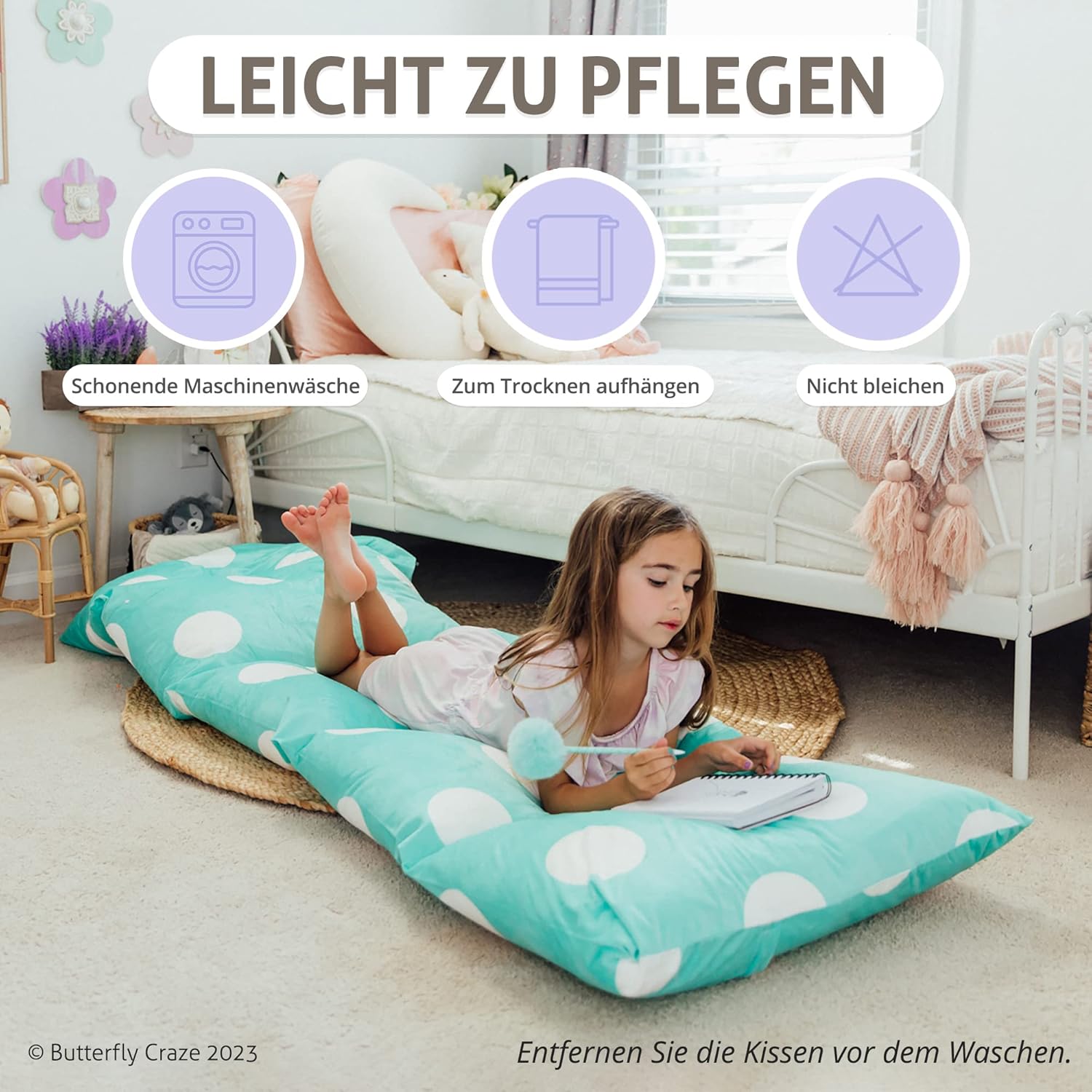 Butterfly Craze Floor Pillow Case, Mattress Bed Lounger Cover, Polka Aqua, Queen Size - Cozy Seating Solution for Kids & Adults, Recliner Cushion, Perfect for Reading, TV Time (Pillow Not Included)