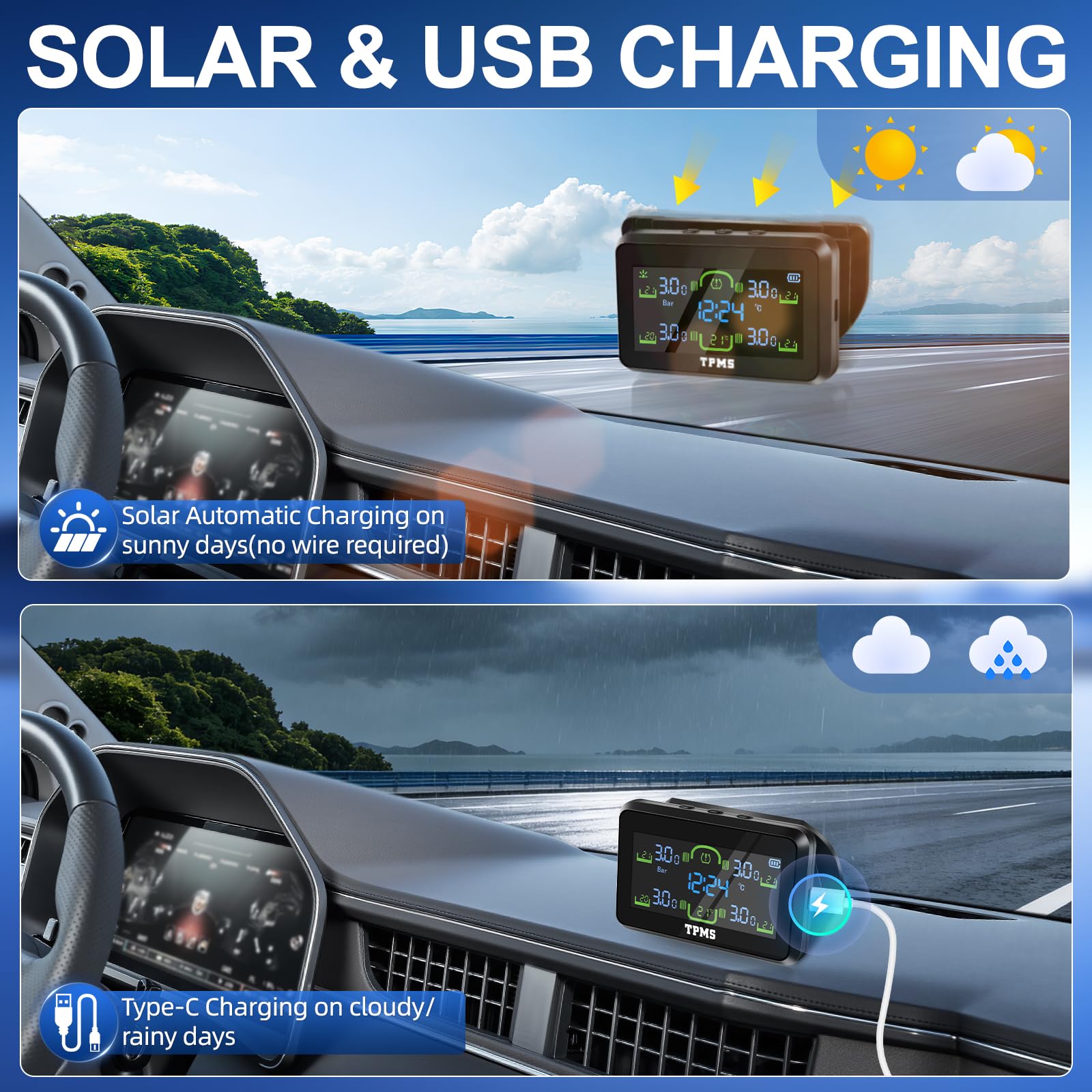 Sistema Sensori di Monitoraggio della Pressione con Indicatore dell'Ora | TPMS Auto con Ricarica Solare/USB, Sistema Sensori di Monitoraggio della Pressione degli Pneumatici con 4 Sensori Esterni