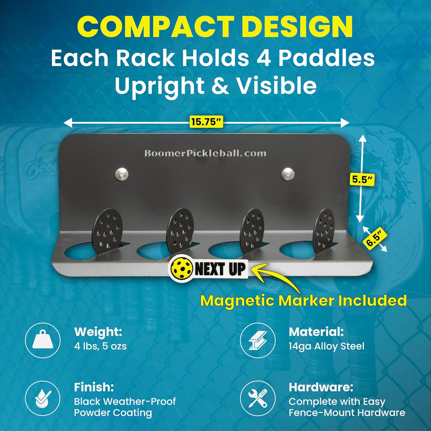 45D Pickleball Paddle Rack | Holds Four Paddles at a 45-Degree Angle Making All Paddles Visible | Track Players “Next-Up” | Heavy-Duty Steel Finished in Black Weather-Proof Powder Coating