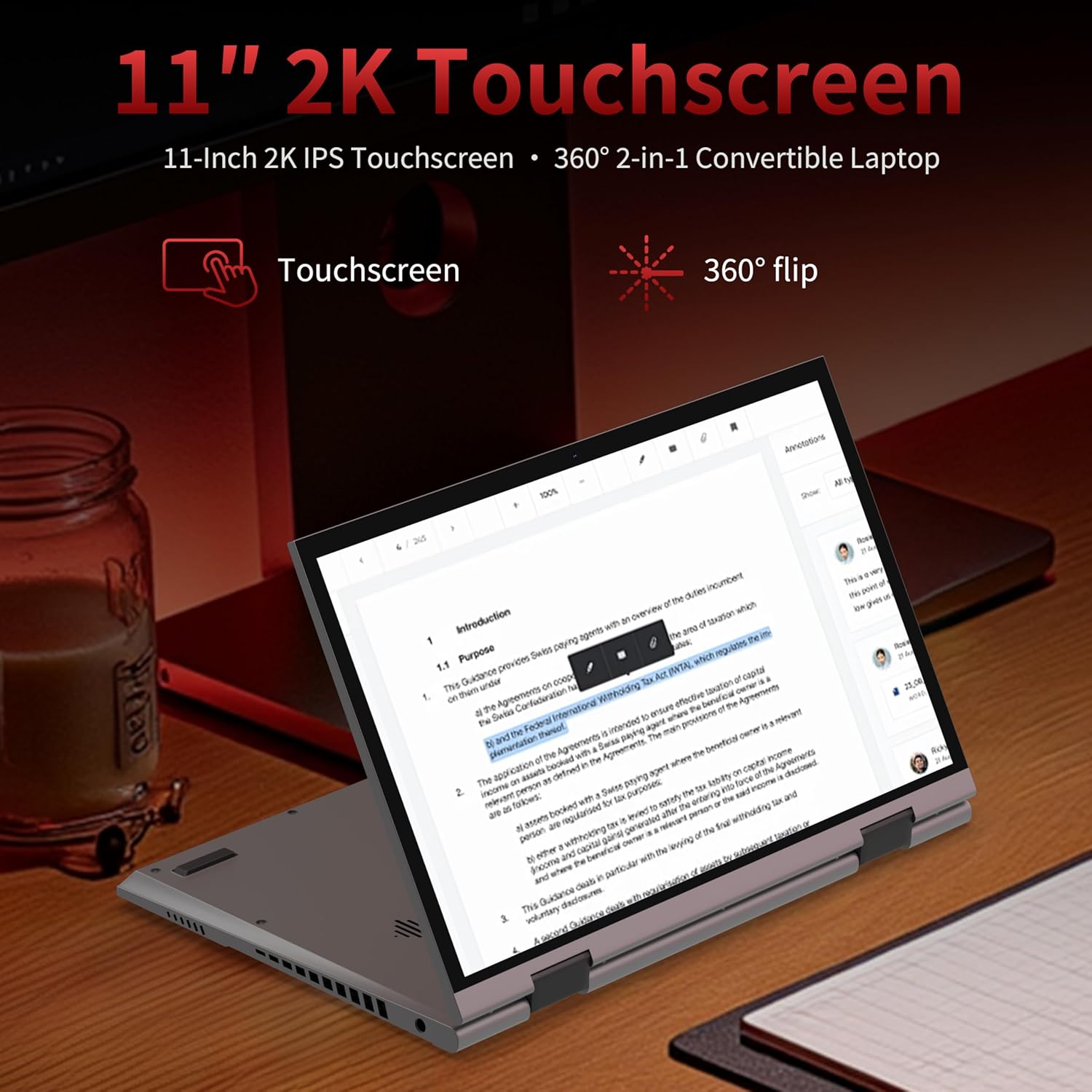 AozPad 11″ 2-in-1 Convertible Laptop, FHD Touchscreen, 12th Gen N95 Processor (Up to 3.4GHz), 16GB DDR5 RAM, 512GB SSD, 360° Flip Screen, Backlit Keyboard, Type-C, Portable for Study & Travel
