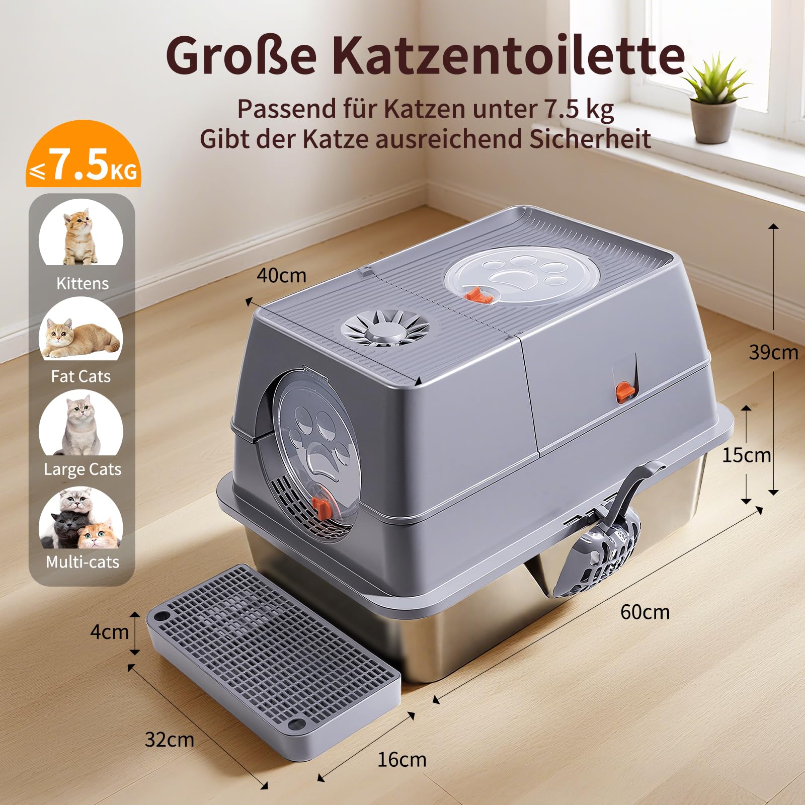 Katzenklo Edelstahl XXL mit Deckel, Katzentoilette Edelstahl 37L Große, Katzentoilette Groß mit Pedals und Schaufel, Katzenklo Spritzsicher & Leicht zu Reinigen, 60x40x39 cm (grau)